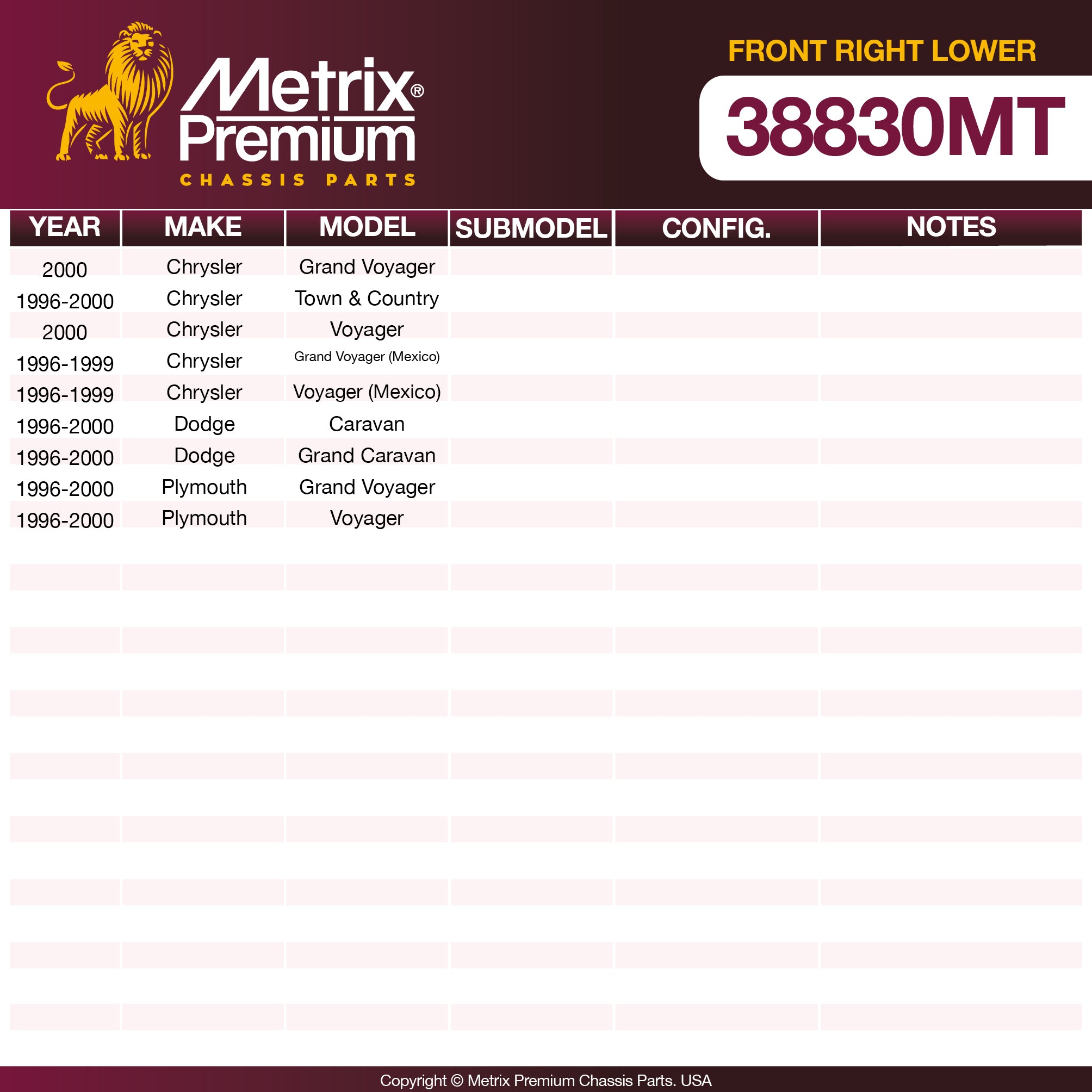 Metrix Premium Chassis Parts Front Right Lower Control Arm and Ball Joint Assembly 38830MT OEM fit auto parts