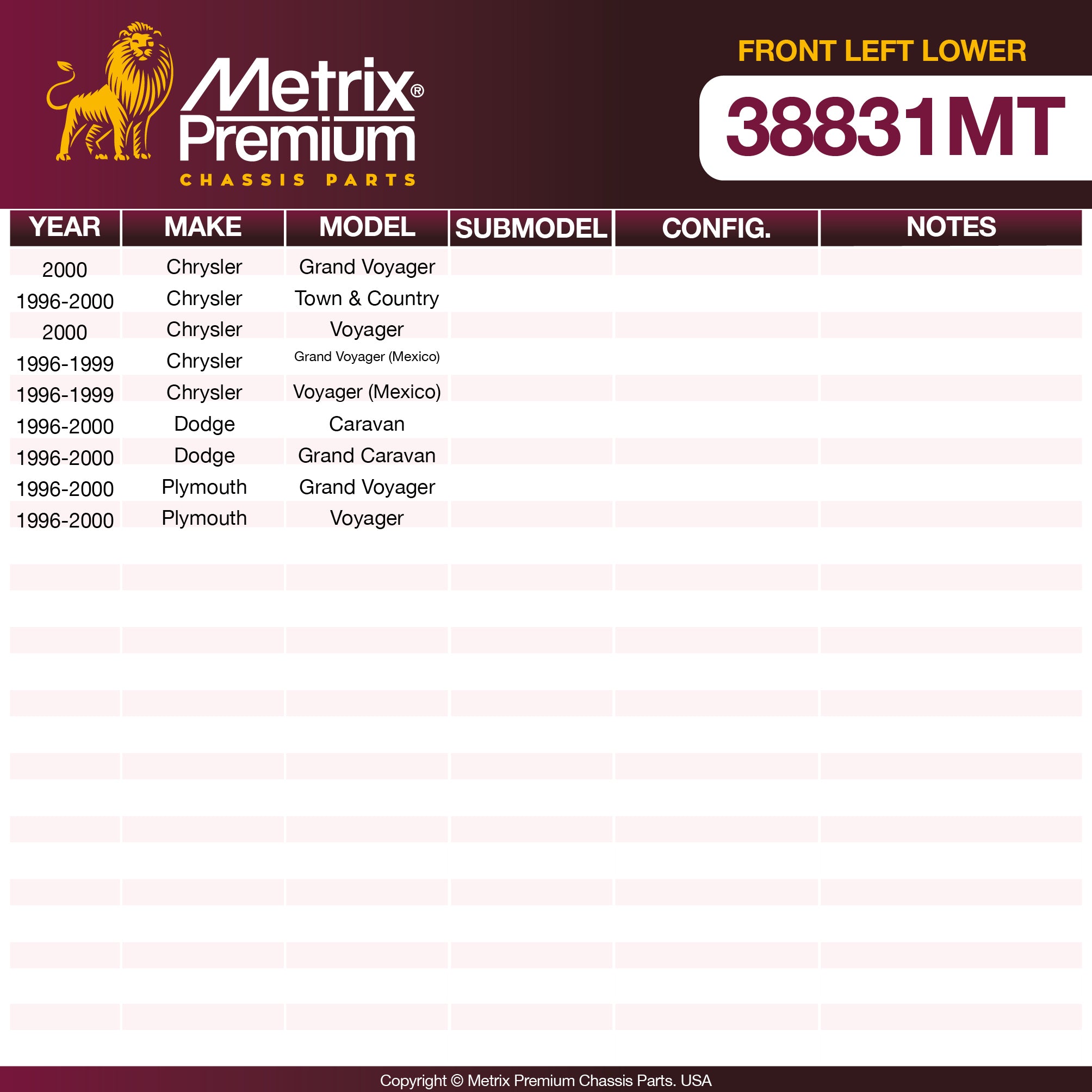 Metrix Premium Chassis Parts Front Left Lower Control Arm and Ball Joint Assembly 38831MT OEM fit auto parts