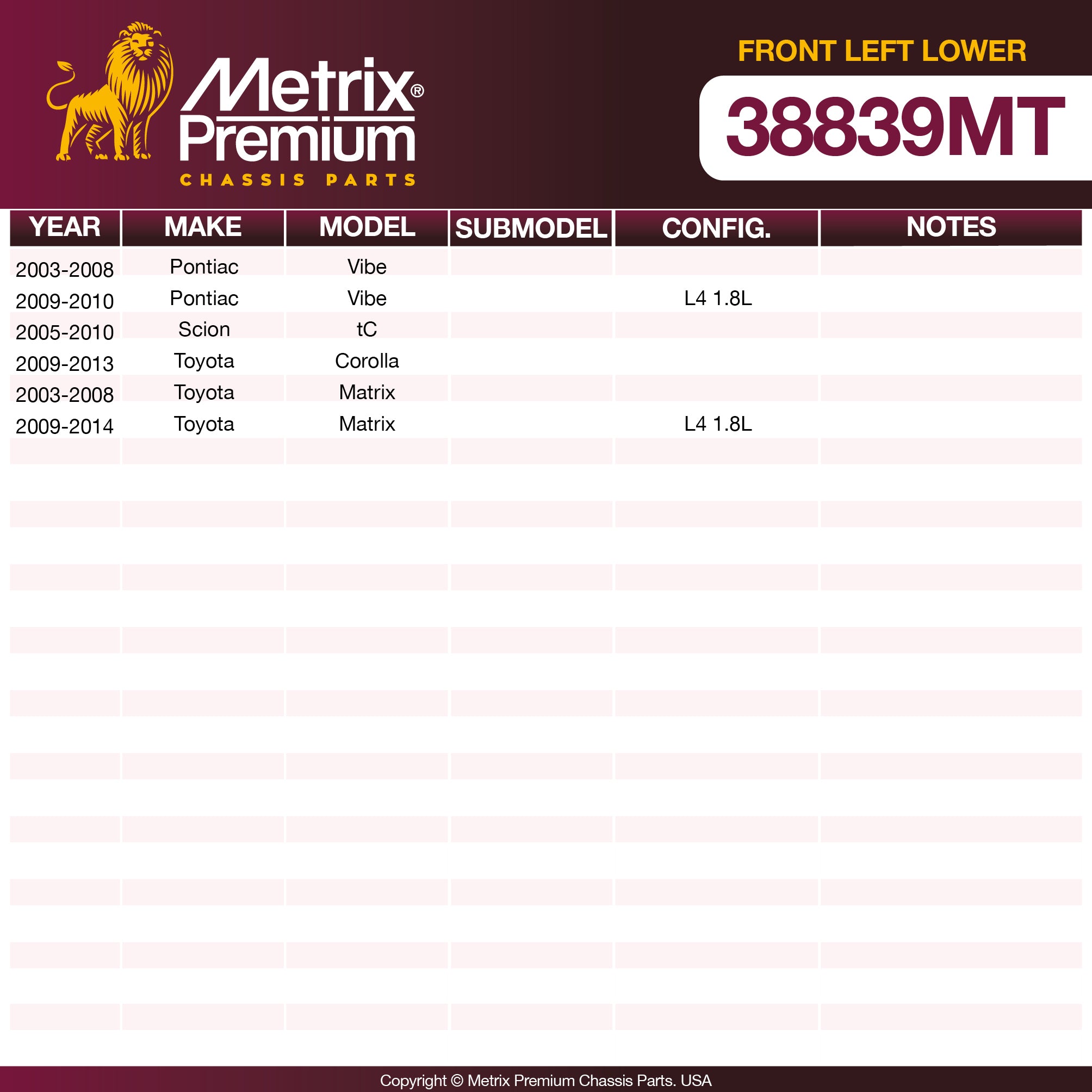 Metrix Premium Front Left Lower Control Arm and Ball Joint Assembly 38839MT OEM fit spare parts