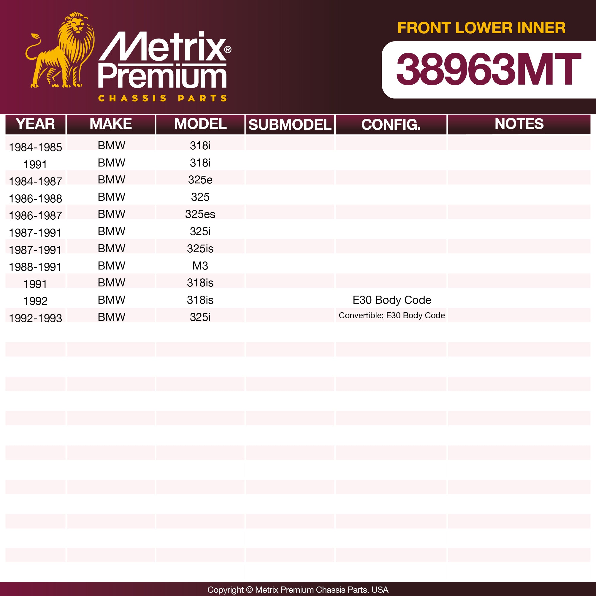 Metrix Premium Chassis Parts Front Lower Inner Ball Joint 38963MT OEM fit auto parts