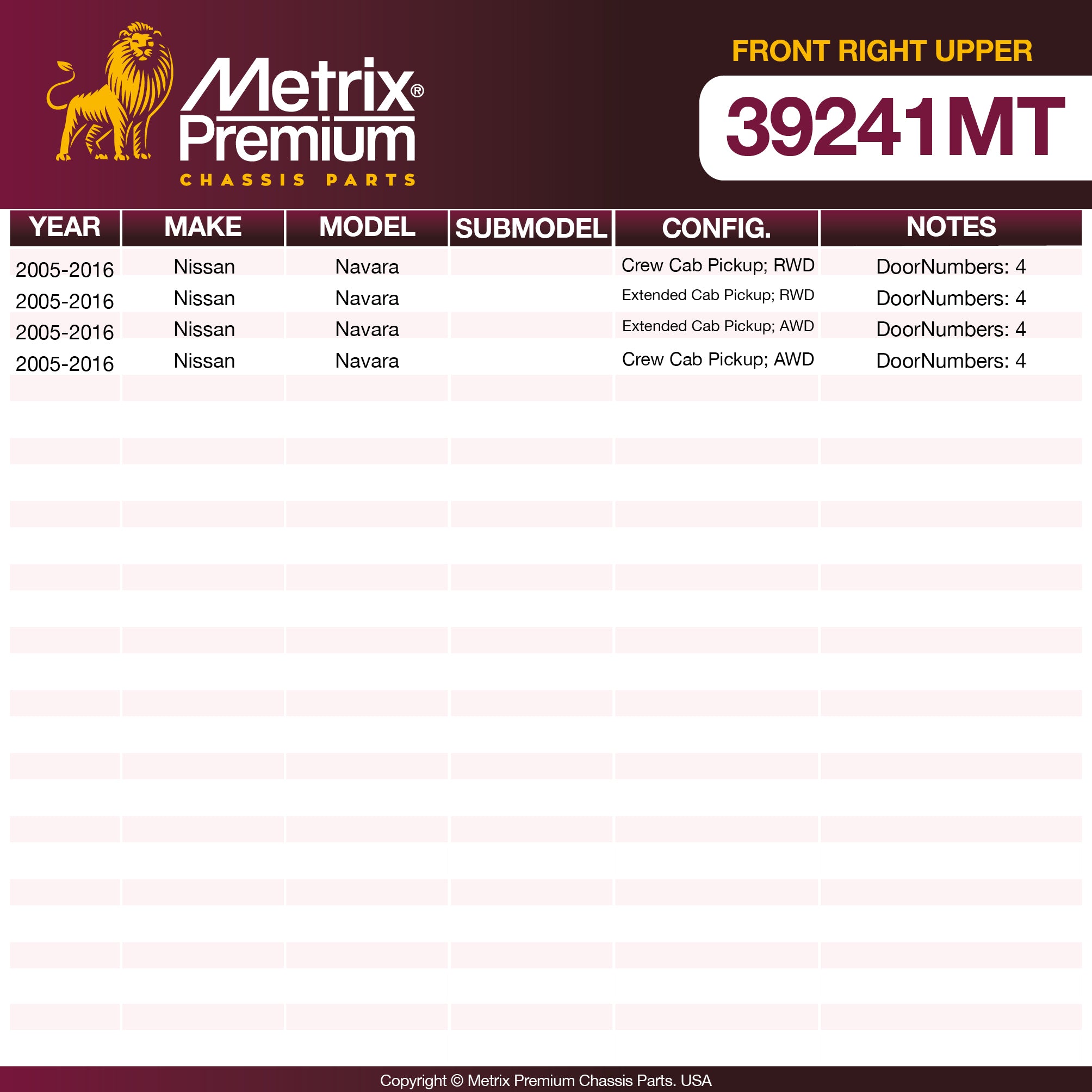 Metrix Premium Chassis Parts Front Right Upper Control Arm and Ball Joint Assembly 39241MT OEM fit auto parts