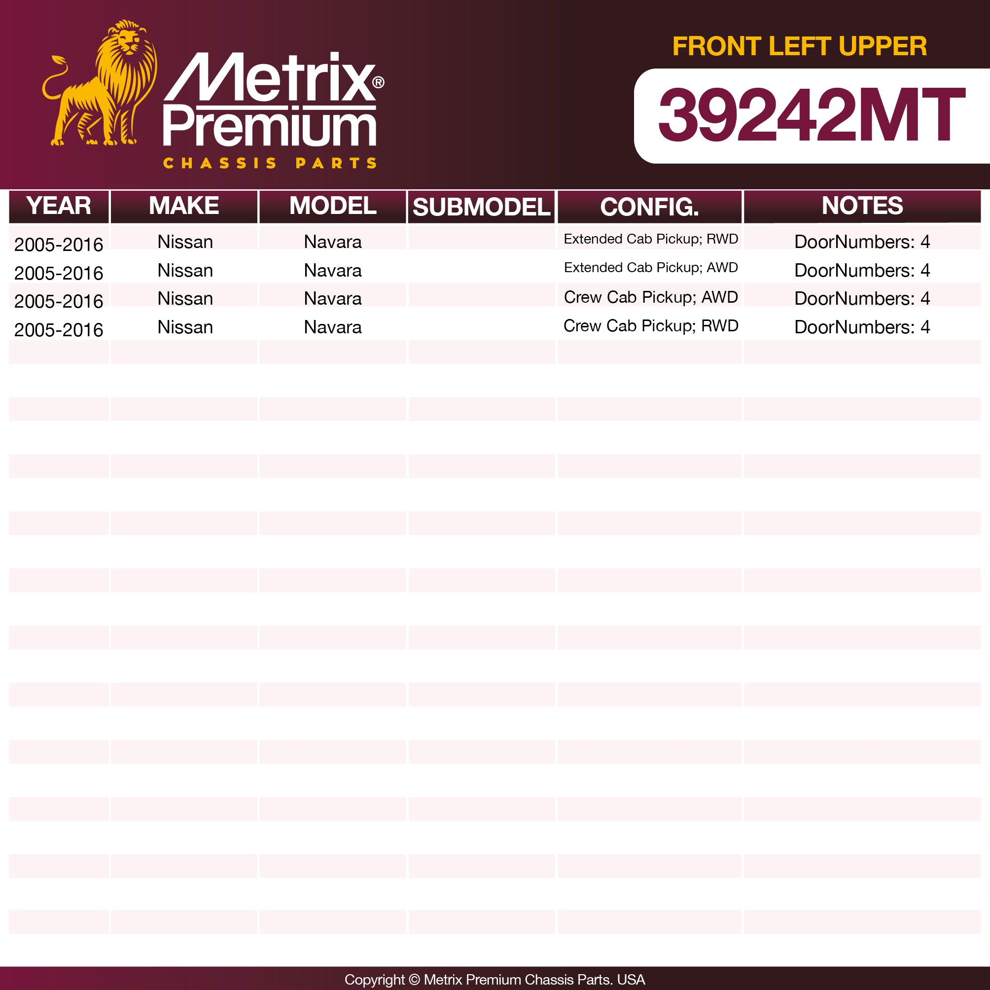 Metrix Premium Chassis Parts Front Left Upper Control Arm and Ball Joint Assembly 39242MT OEM fit auto parts