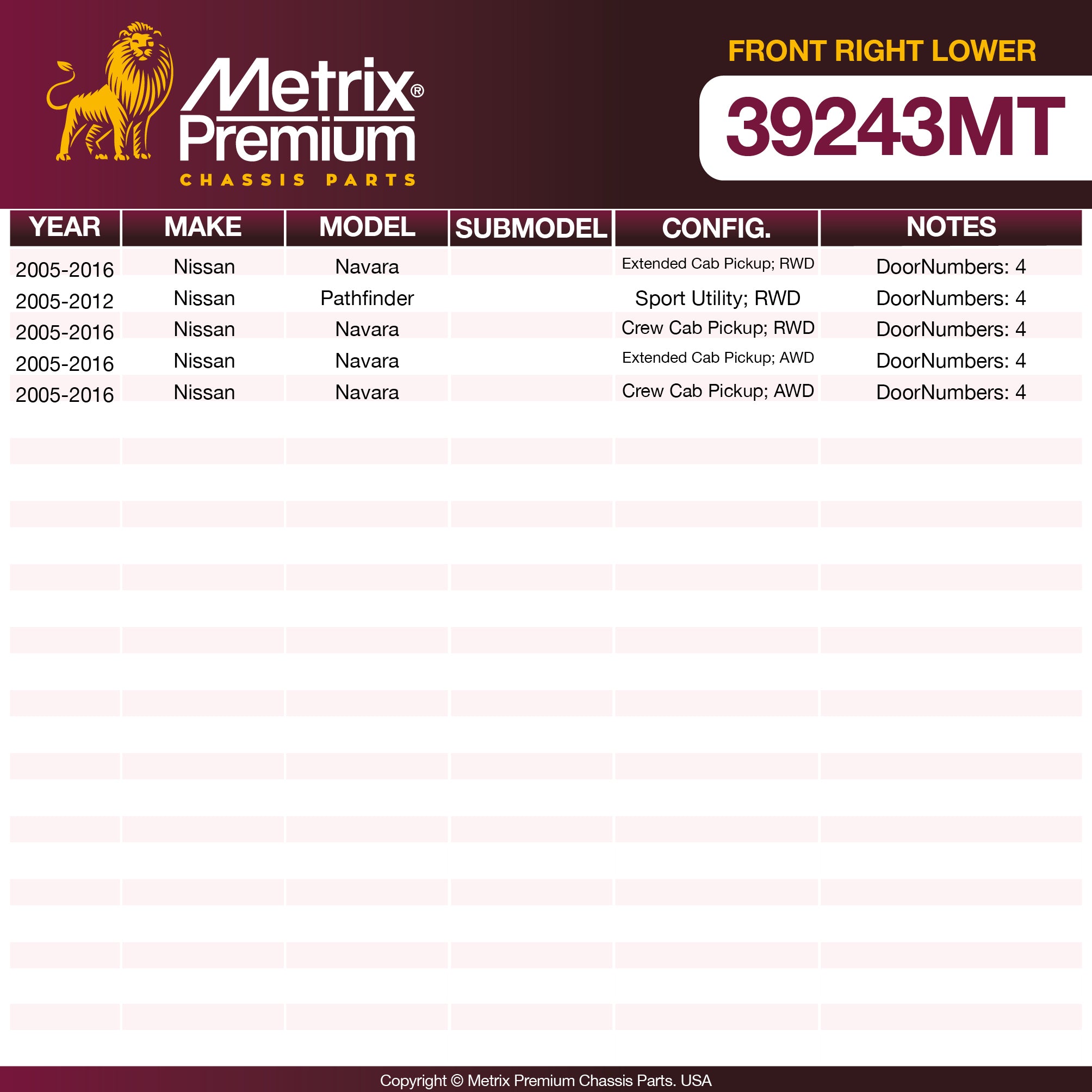 Metrix Premium Chassis Parts Front Right Lower Control Arm and Ball Joint Assembly 39243MT OEM fit auto parts