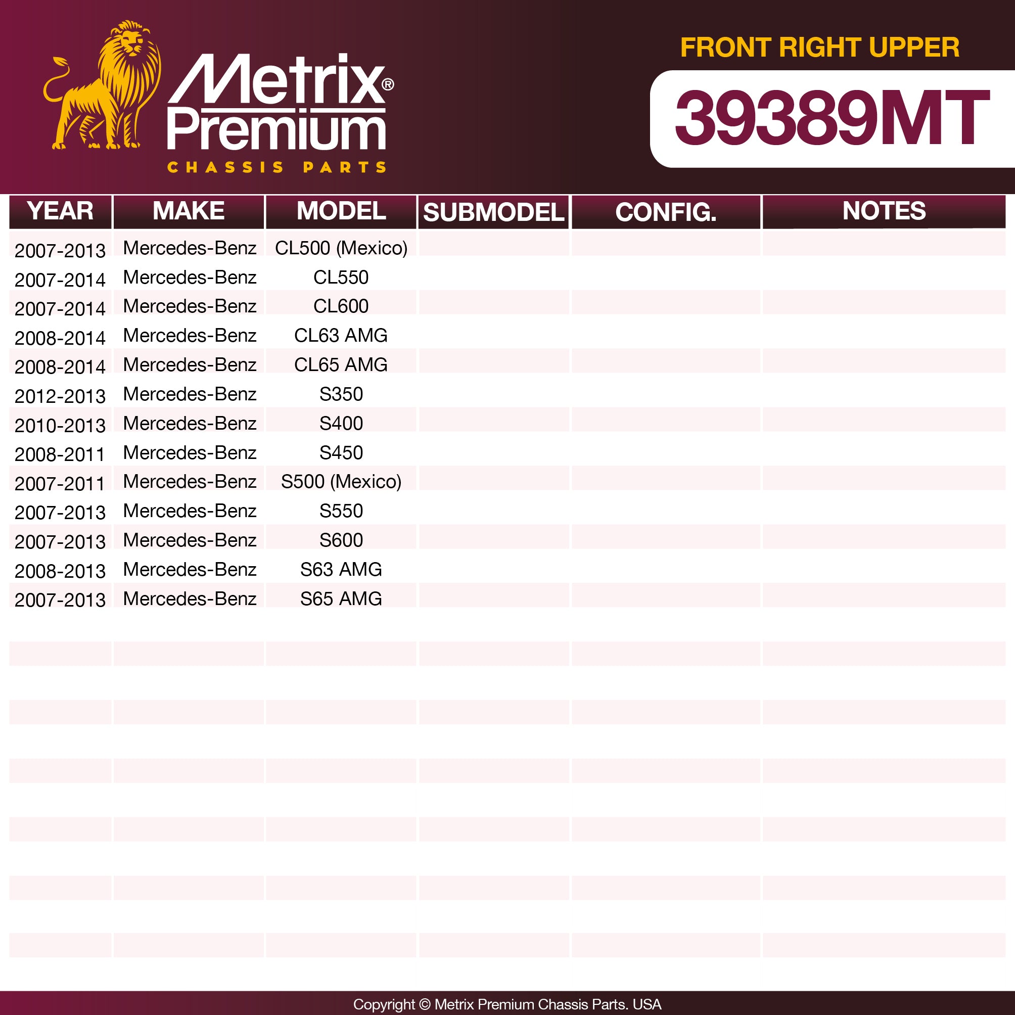 Metrix Premium Front Right Upper Control Arm and Ball Joint Assembly 39389MT OEM fit spare parts