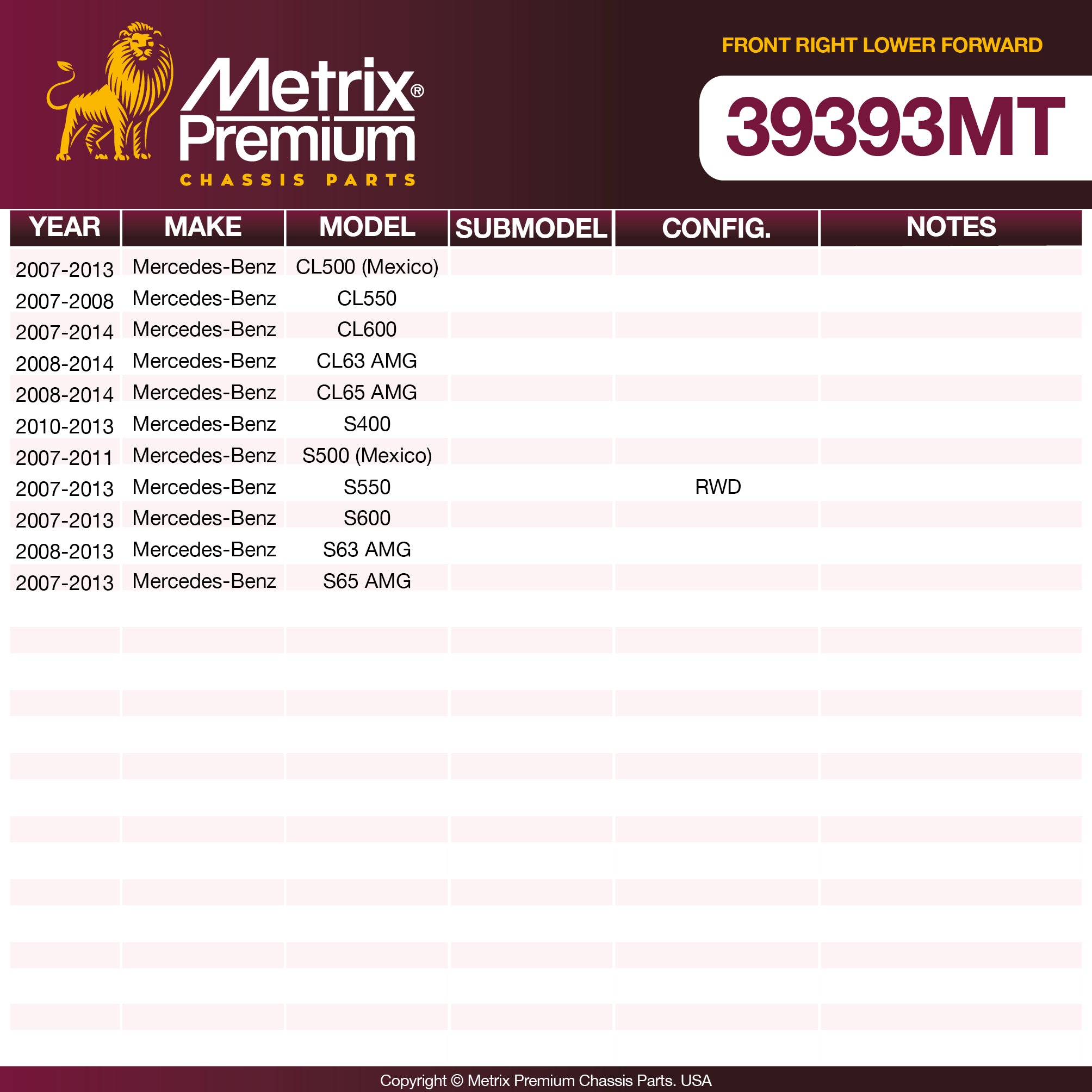 Metrix Premium Front Right Lower Forward Control Arm and Ball Joint Assembly 39393MT OEM fit spare parts