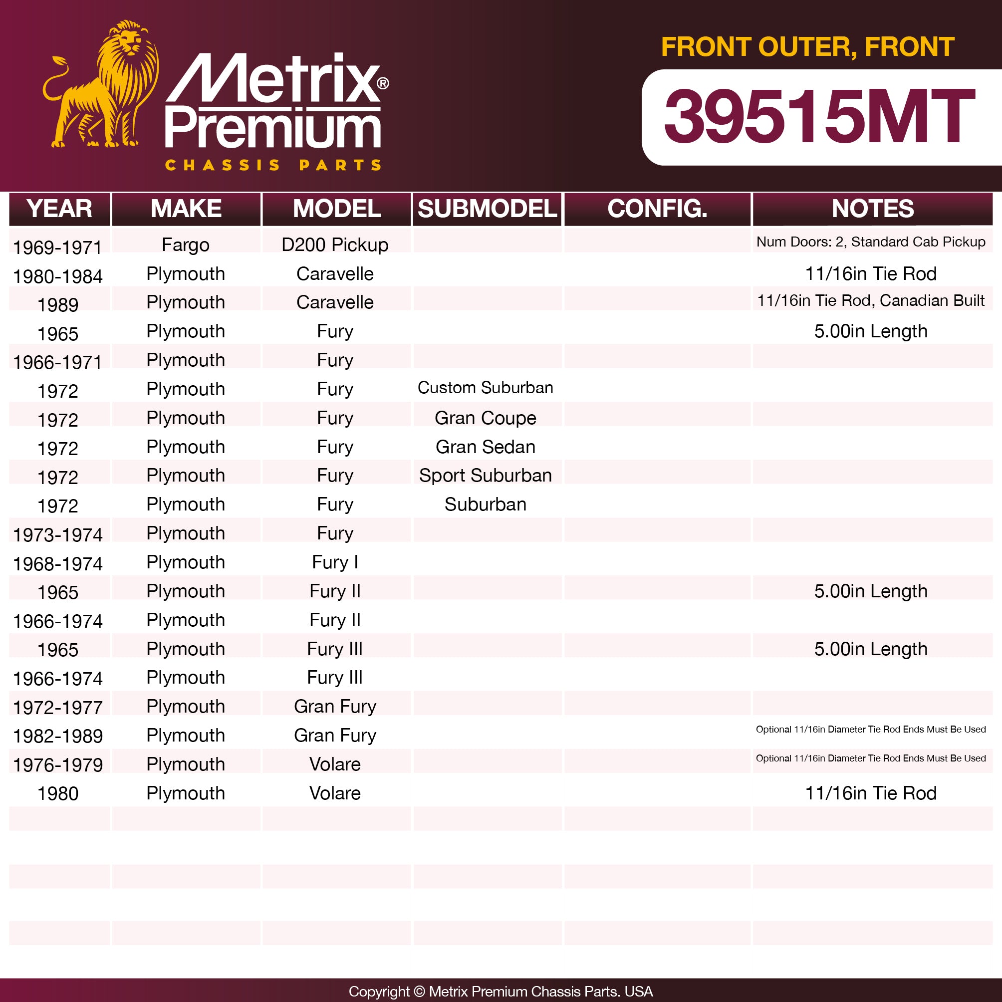 Metrix Premium Chassis Parts Front Outer Tie Rod End 39515MT suspension steering brake parts