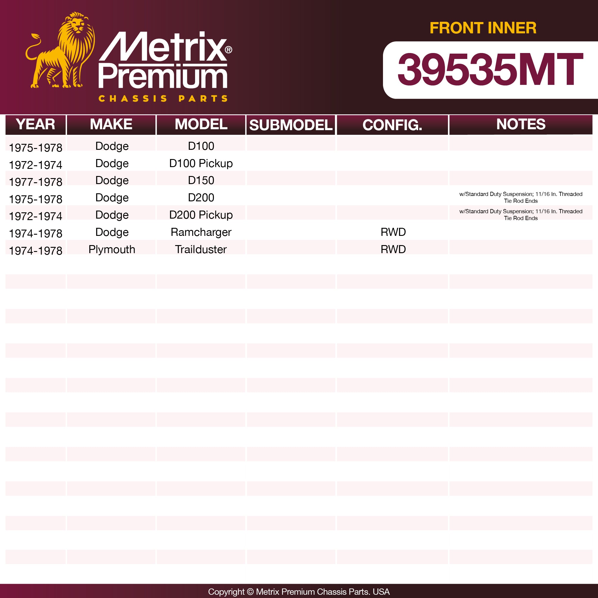 Metrix Premium Front Inner Tie Rod End 39535MT OEM fit spare parts