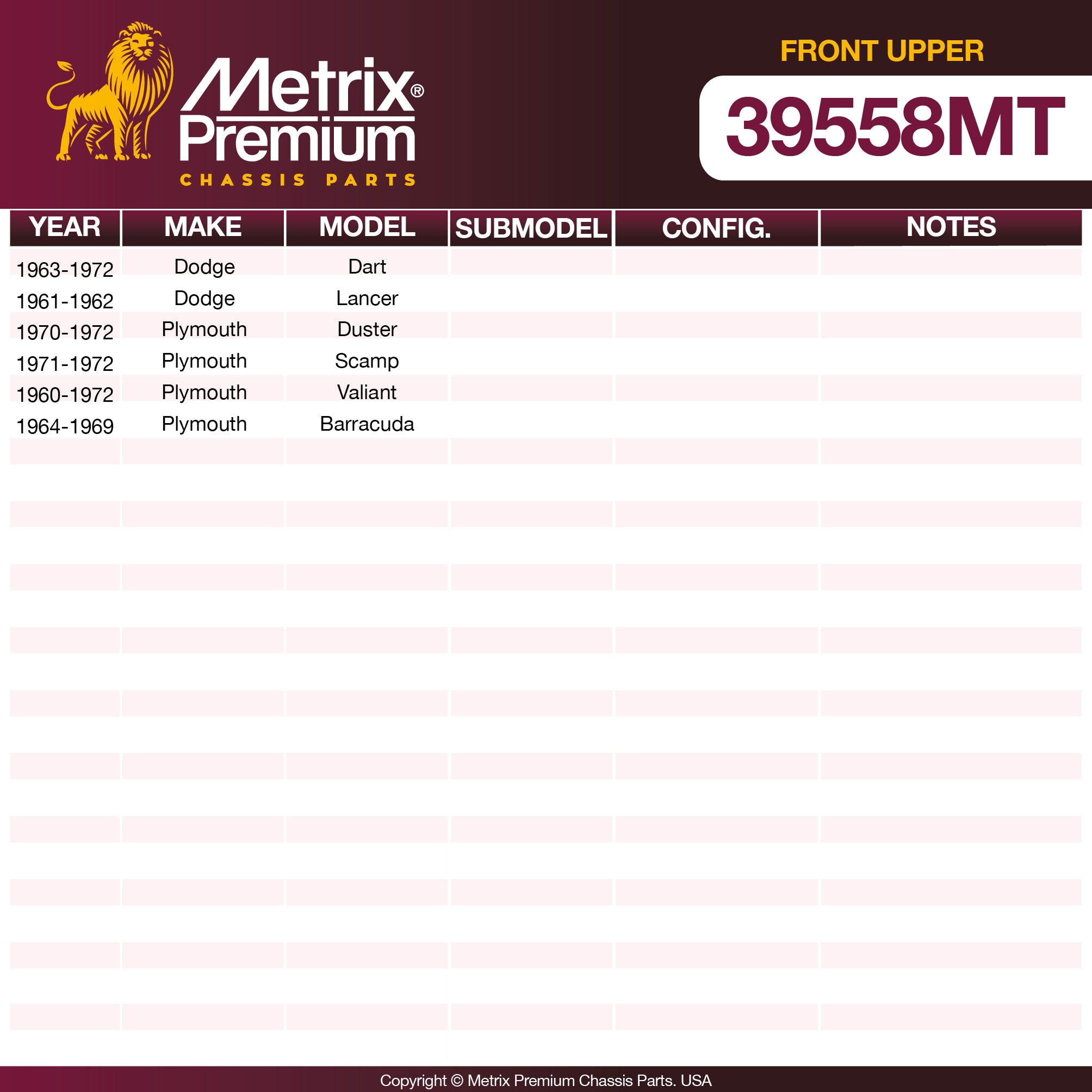 Metrix Premium Chassis Parts Front Upper Ball Joint 39558MT OEM fit auto parts