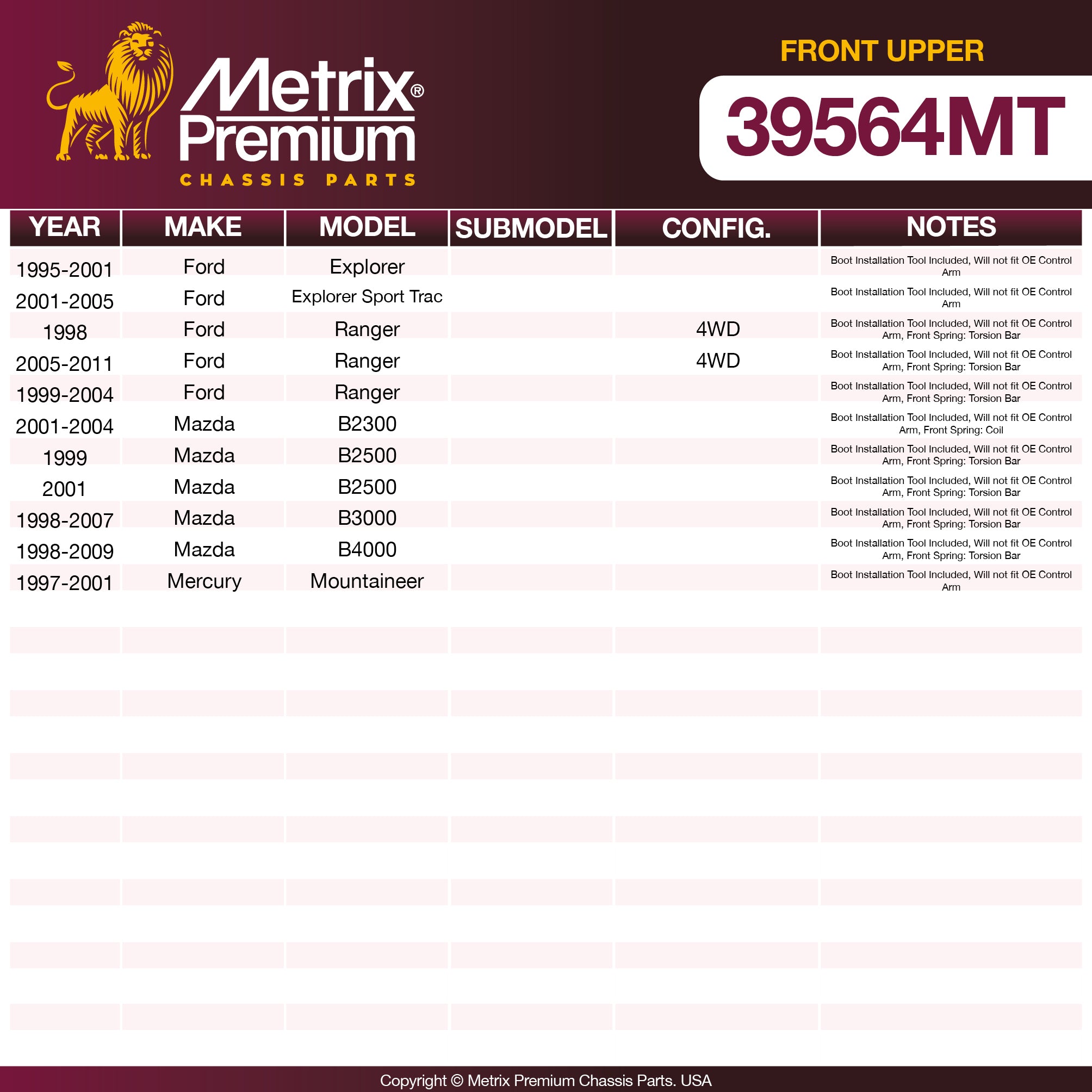 Metrix Premium Front Upper Ball Joint 39564MT OEM fit spare parts