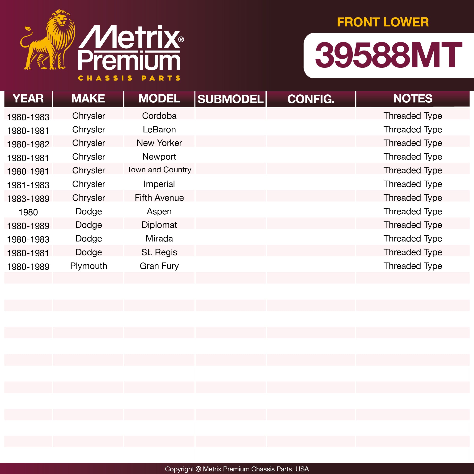Metrix Premium Chassis Parts Front Lower Ball Joint 39588MT OEM fit auto parts