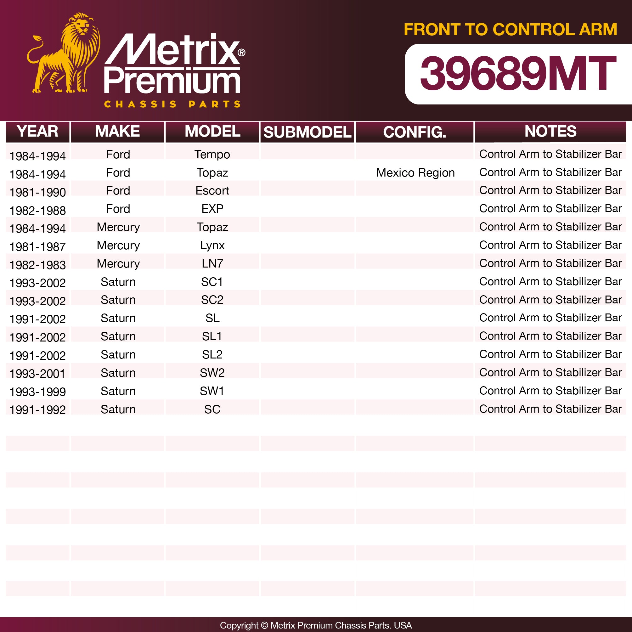 Metrix Premium Chassis Parts Front To Control Arm Control Arm Bushing 39689MT OEM fit auto parts