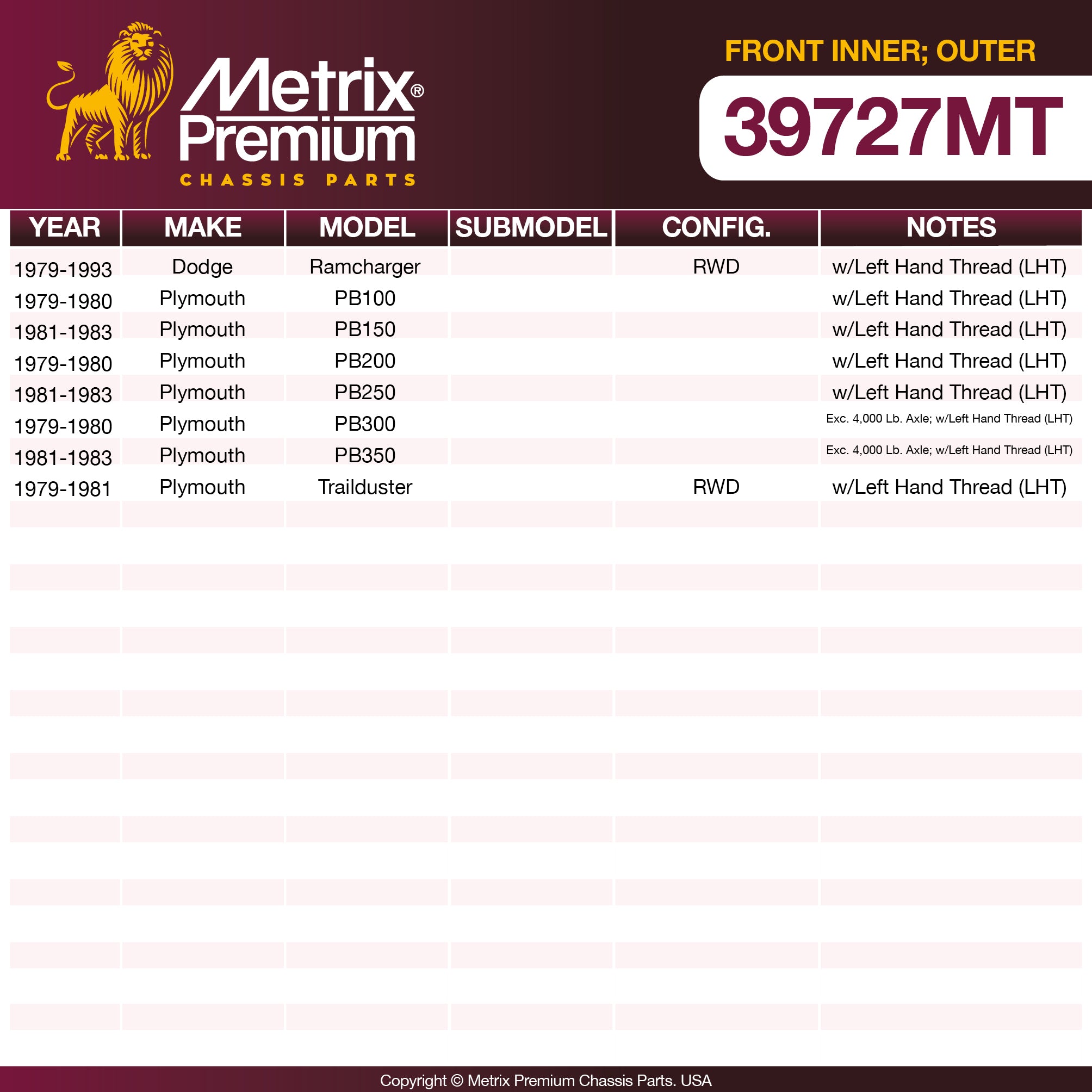 Metrix Premium Front Inner; Outer Tie Rod End 39727MT aftermarket car parts