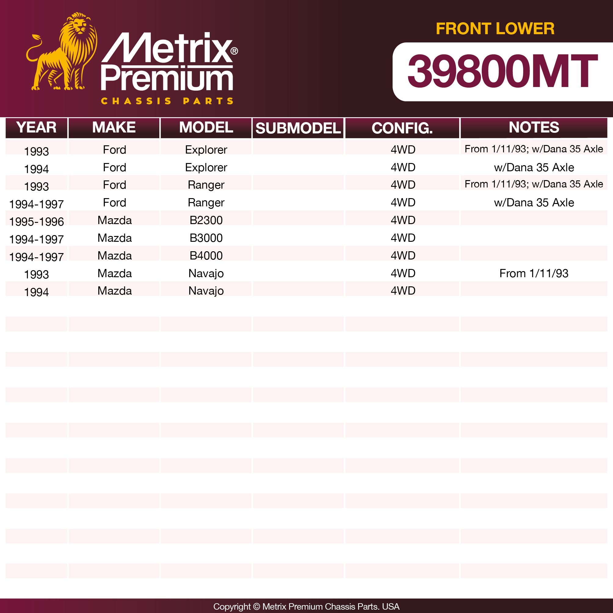 Metrix Premium Front Lower Ball Joint 39800MT OEM fit spare parts