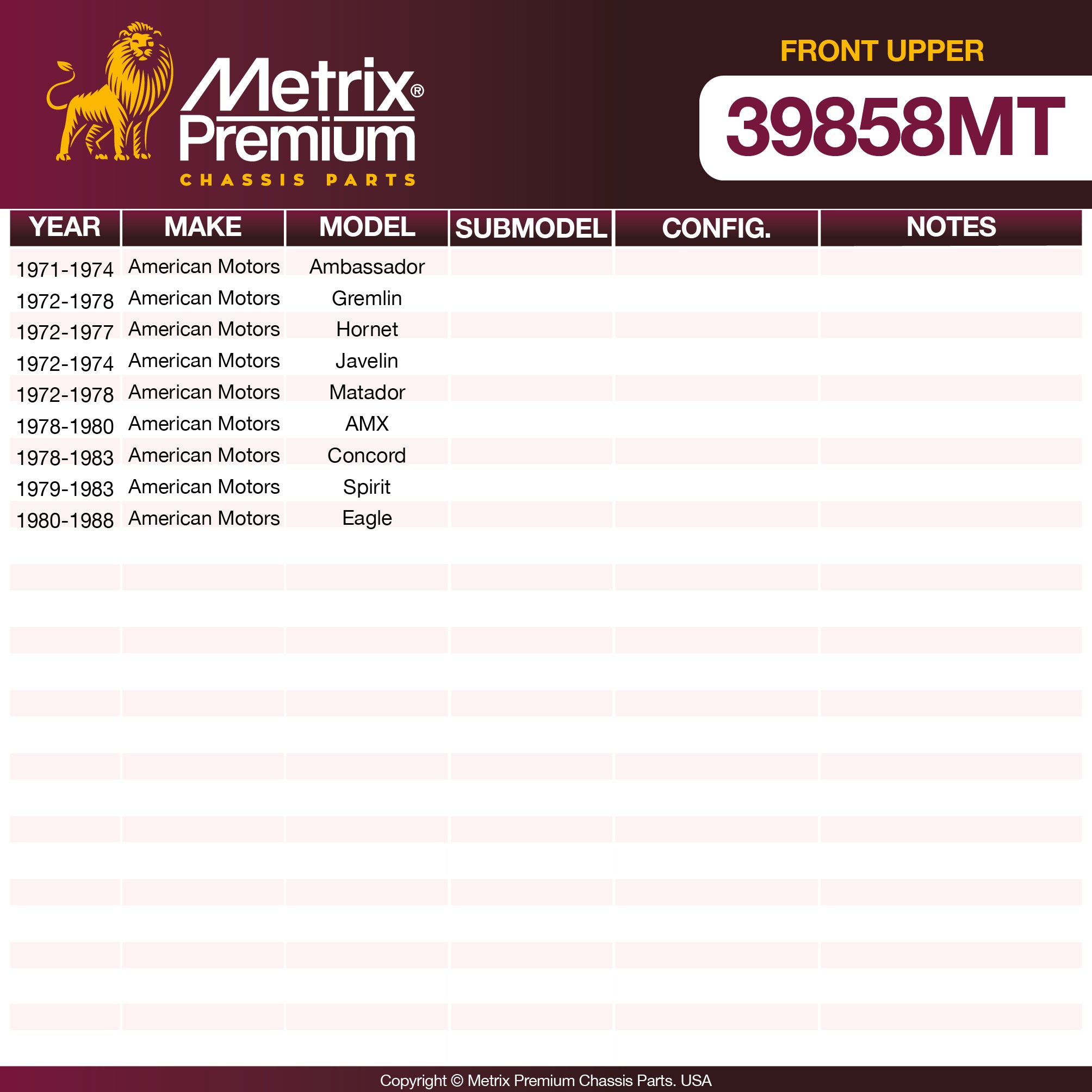 Metrix Premium Chassis Parts Front Upper Ball Joint 39858MT OEM fit auto parts