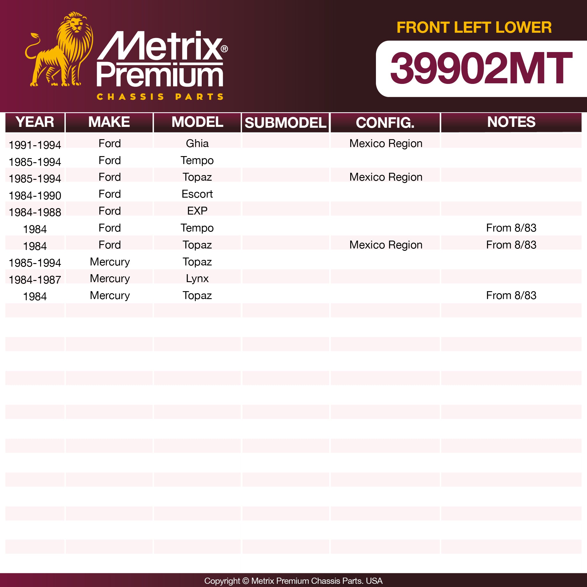 Metrix Premium Chassis Parts Front Left Lower Control Arm and Ball Joint Assembly 39902MT OEM fit auto parts