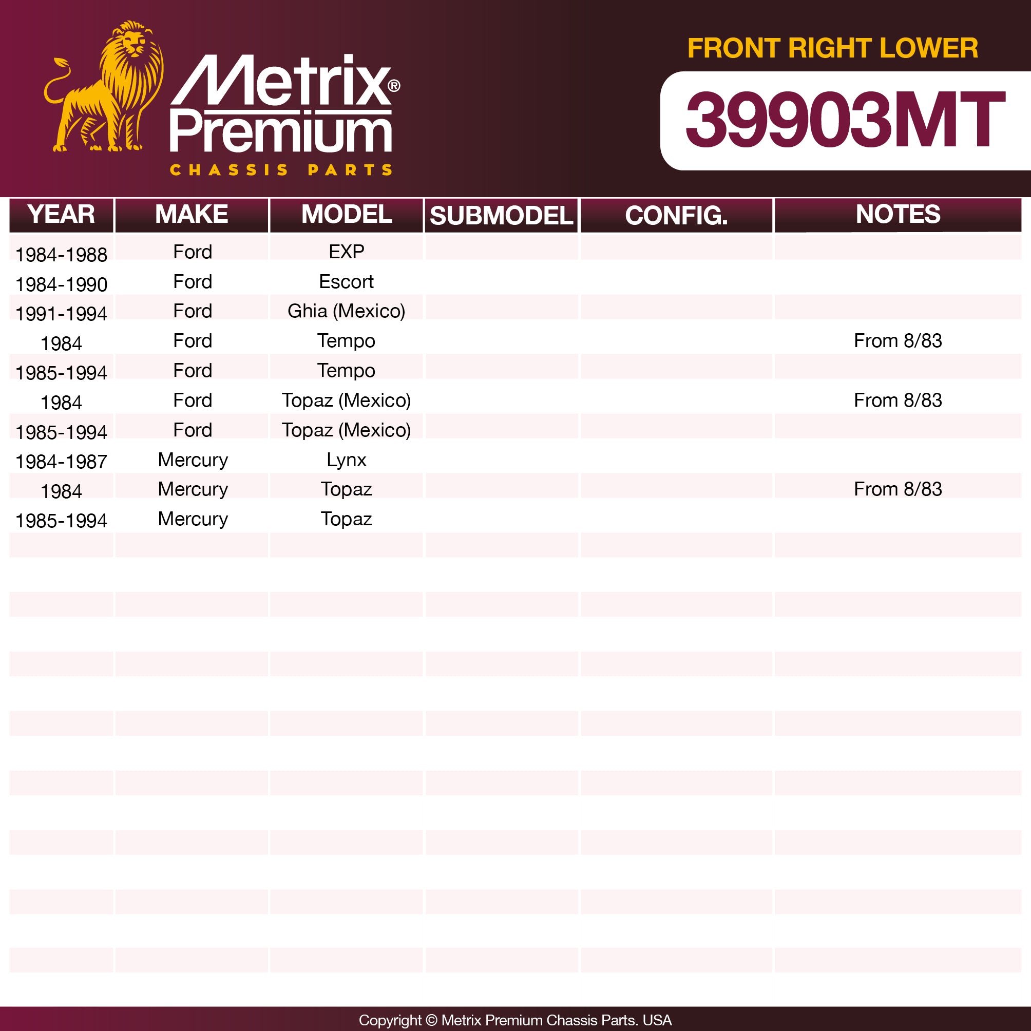 Metrix Premium Chassis Parts Front Right Lower Control Arm and Ball Joint Assembly 39903MT aftermarket car parts