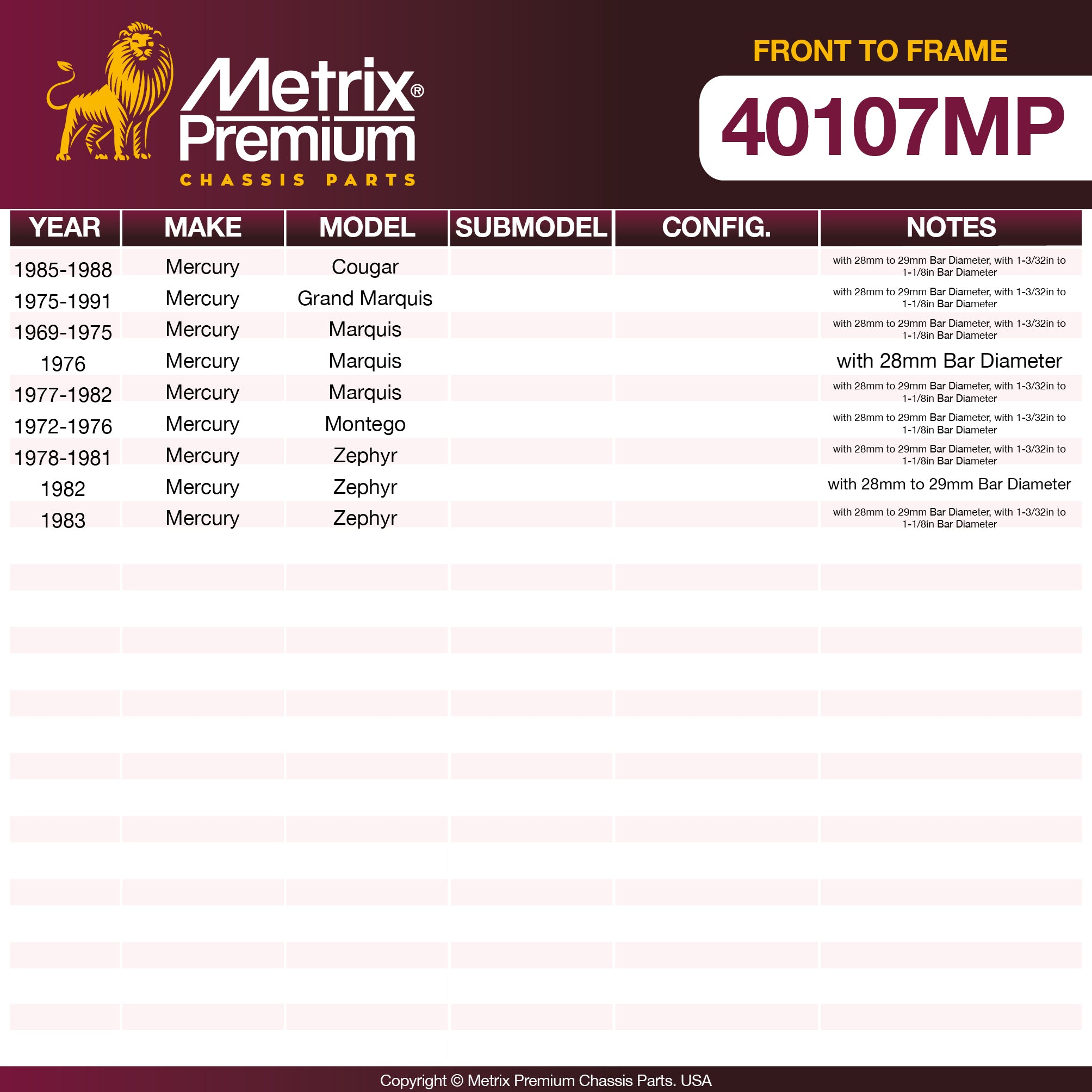 Metrix Premium Chassis Parts Front To Frame Stabilizer Bar Bushing Kit 40107MP aftermarket car parts