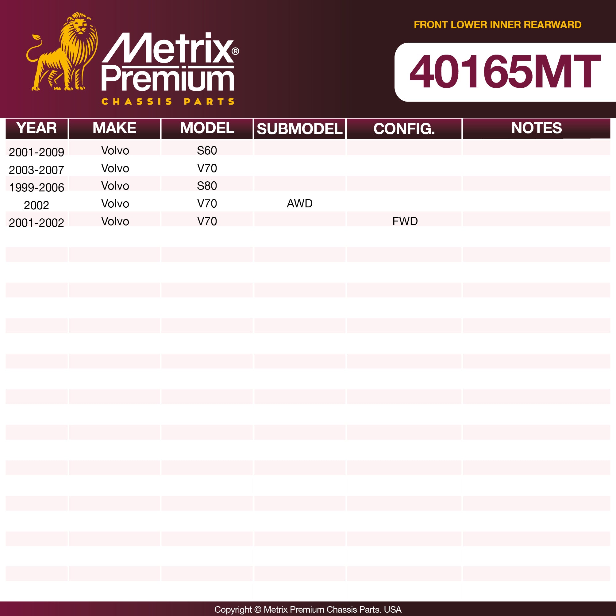 Metrix Premium Chassis Parts Front Lower Inner Rearward Control Arm Bushing 40165MT OEM fit auto parts