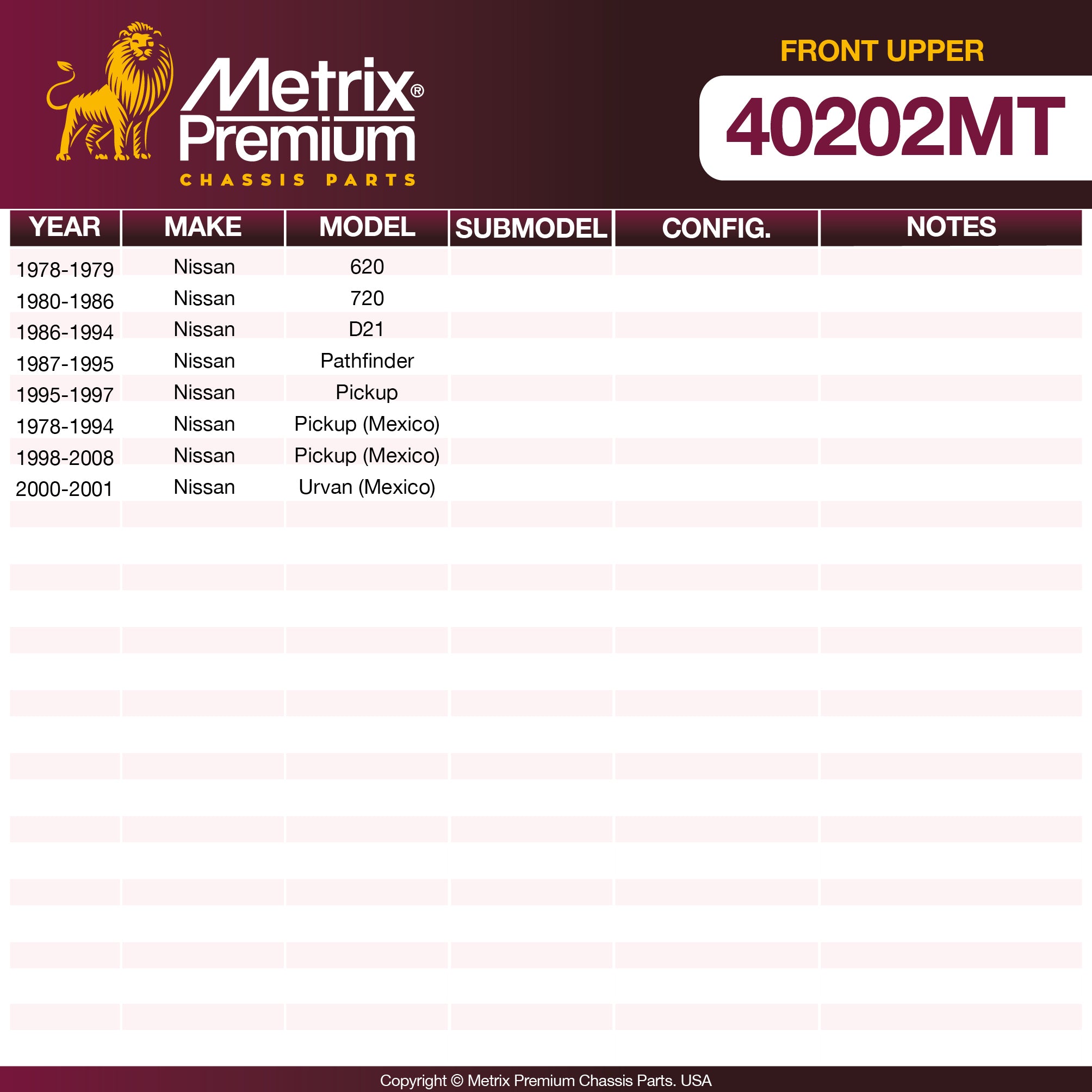 Metrix Premium Chassis Parts Front Upper Control Arm Bushing Kit 40202MT aftermarket car parts