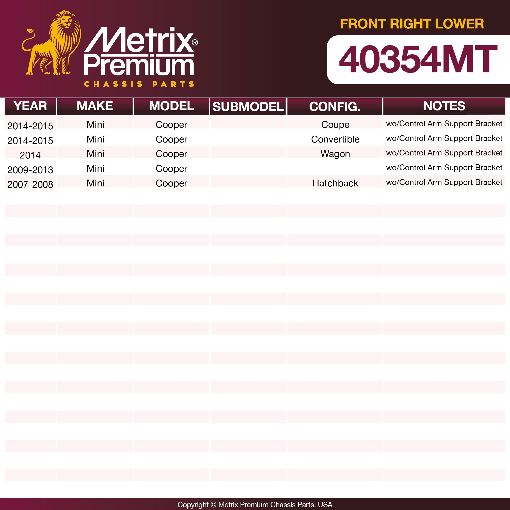 Metrix Premium Front Right Lower Control Arm and Ball Joint Assembly 40354MT OEM fit spare parts