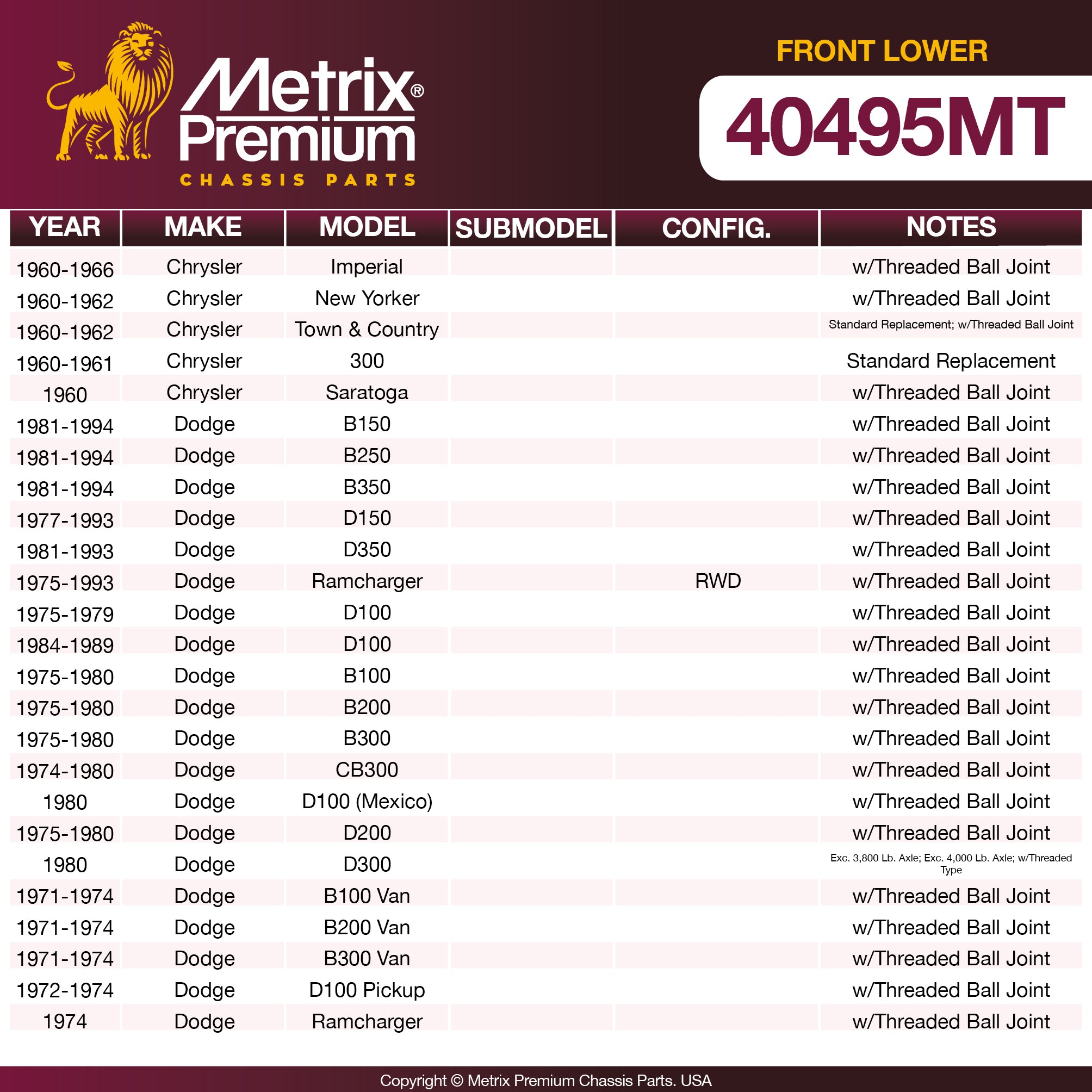 Metrix Premium Chassis Parts Front Lower Ball Joint 40495MT OEM fit auto parts