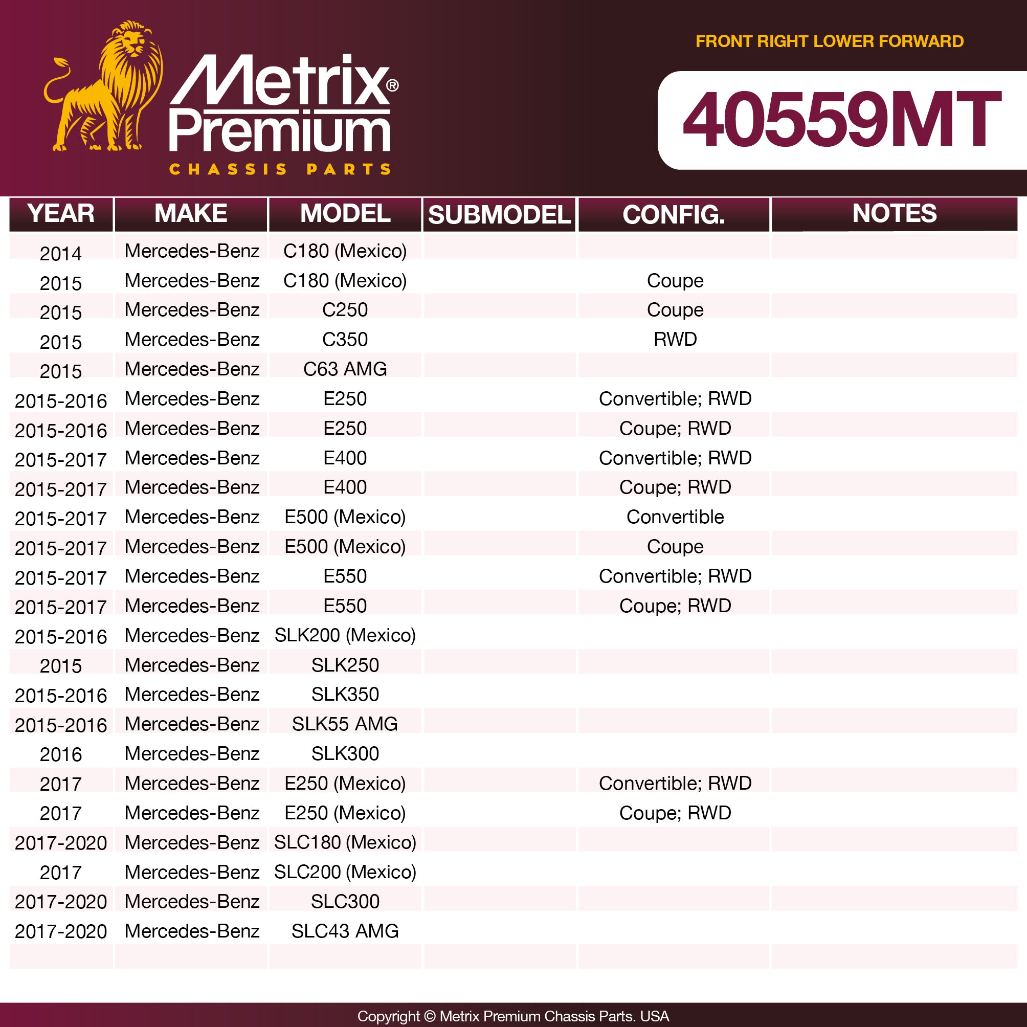 Metrix Premium Chassis Parts Front Right Lower Forward Control Arm and Ball Joint Assembly 40559MT OEM fit auto parts