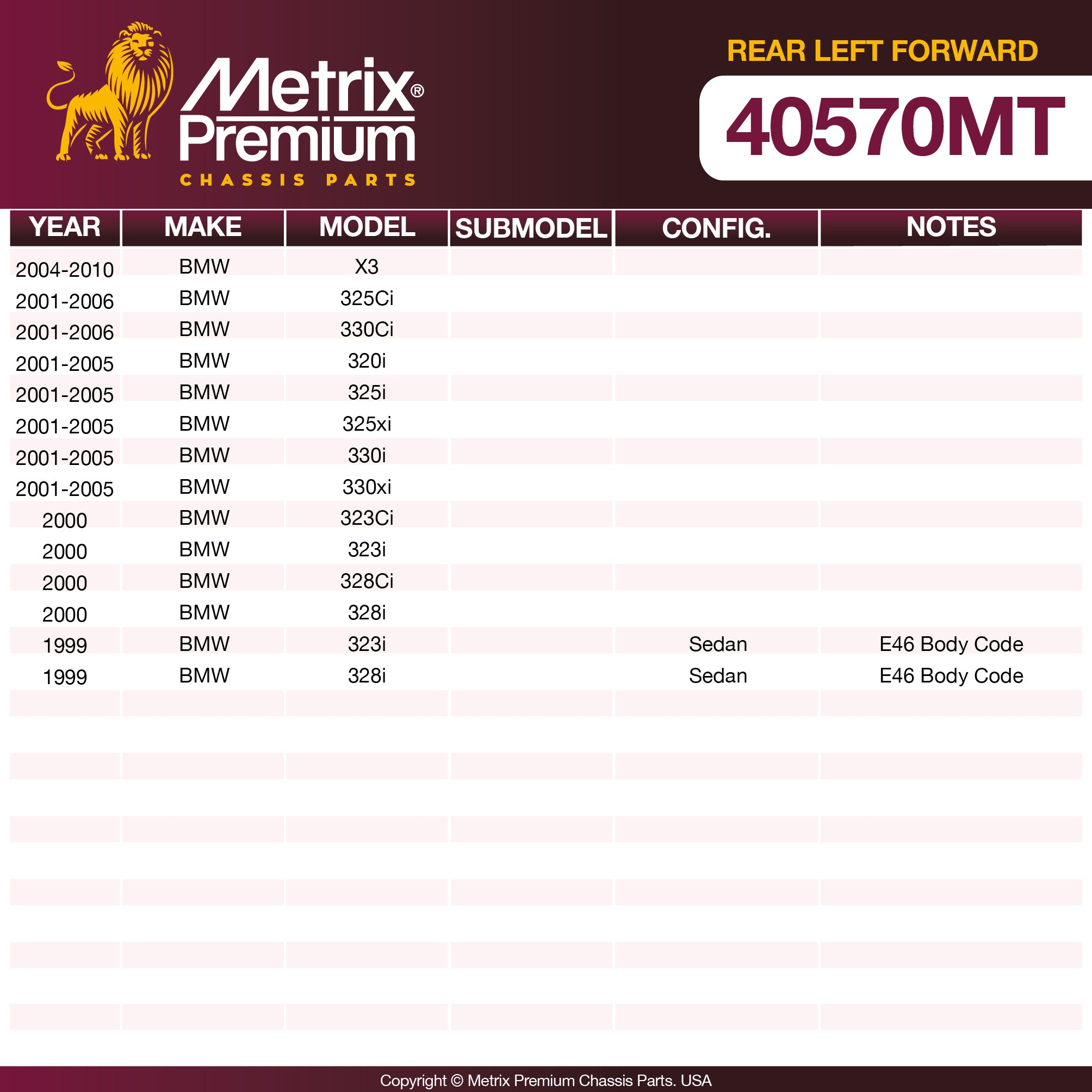 Metrix Premium Chassis Parts Rear Left Forward Subframe Bushing 40570MT aftermarket car parts