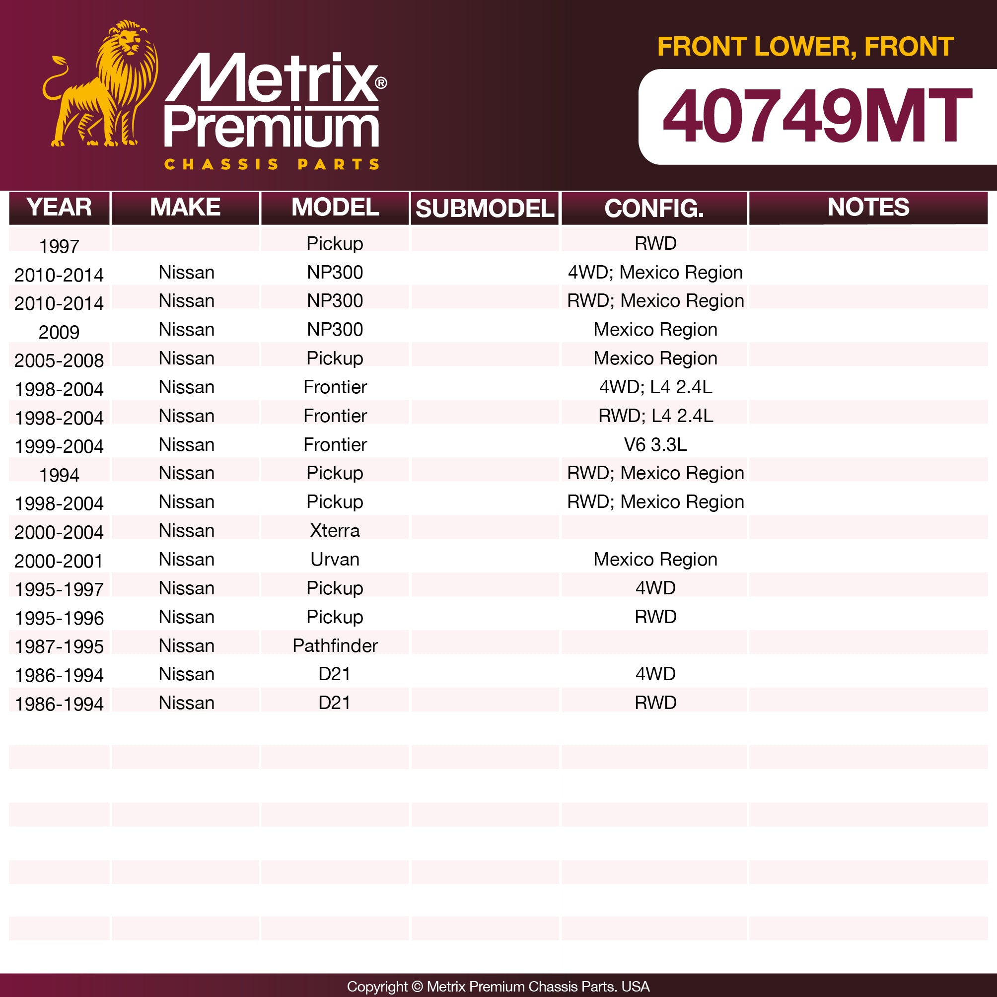 Metrix Premium Chassis Parts Front Lower Control Arm Bushing 40749MT aftermarket car parts