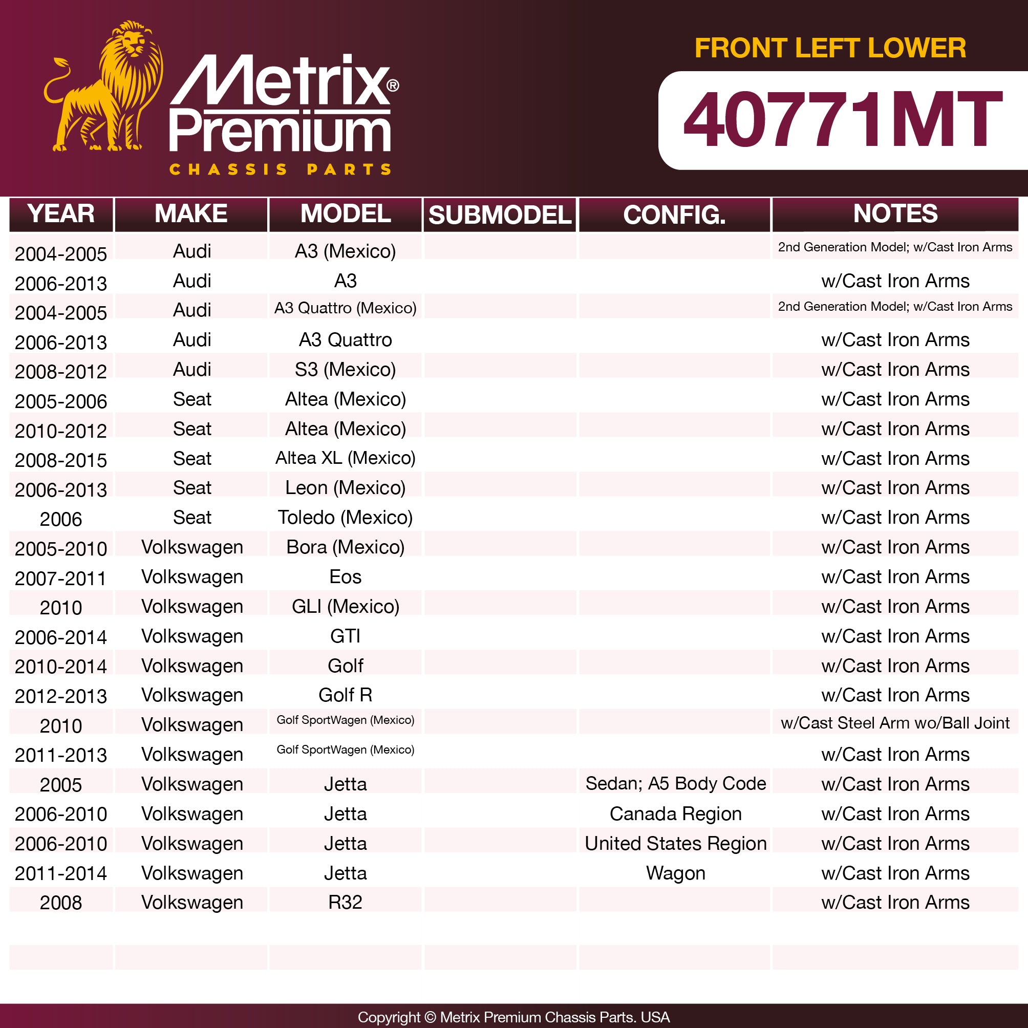 Metrix Premium Front Left Lower Control Arm and Ball Joint Assembly 40771MT OEM fit spare parts