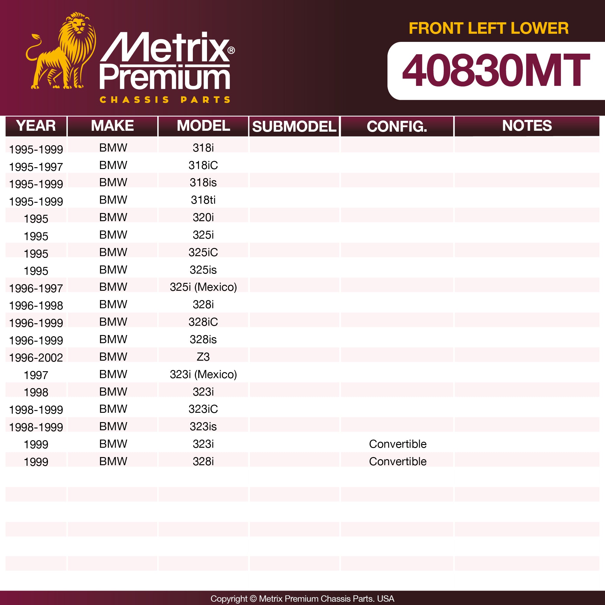Metrix Premium Chassis Parts Front Left Lower Control Arm and Ball Joint Assembly 40830MT OEM fit auto parts