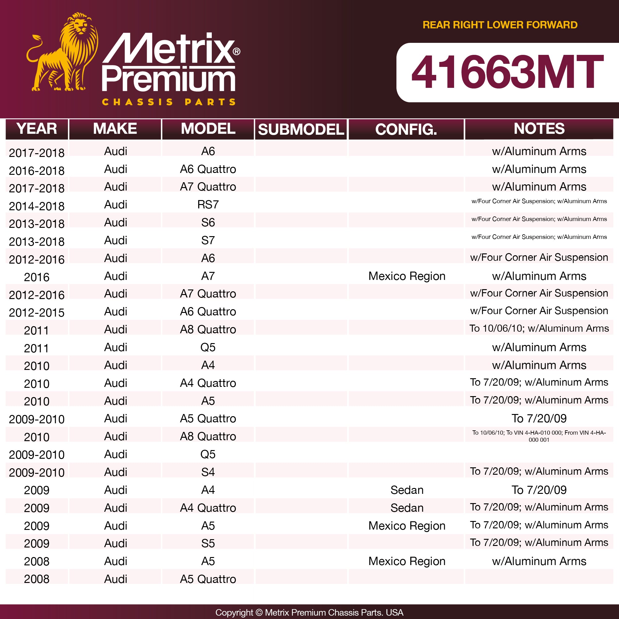 Metrix Premium Chassis Parts Rear Right Lower Forward Control Arm 41663MT aftermarket car parts