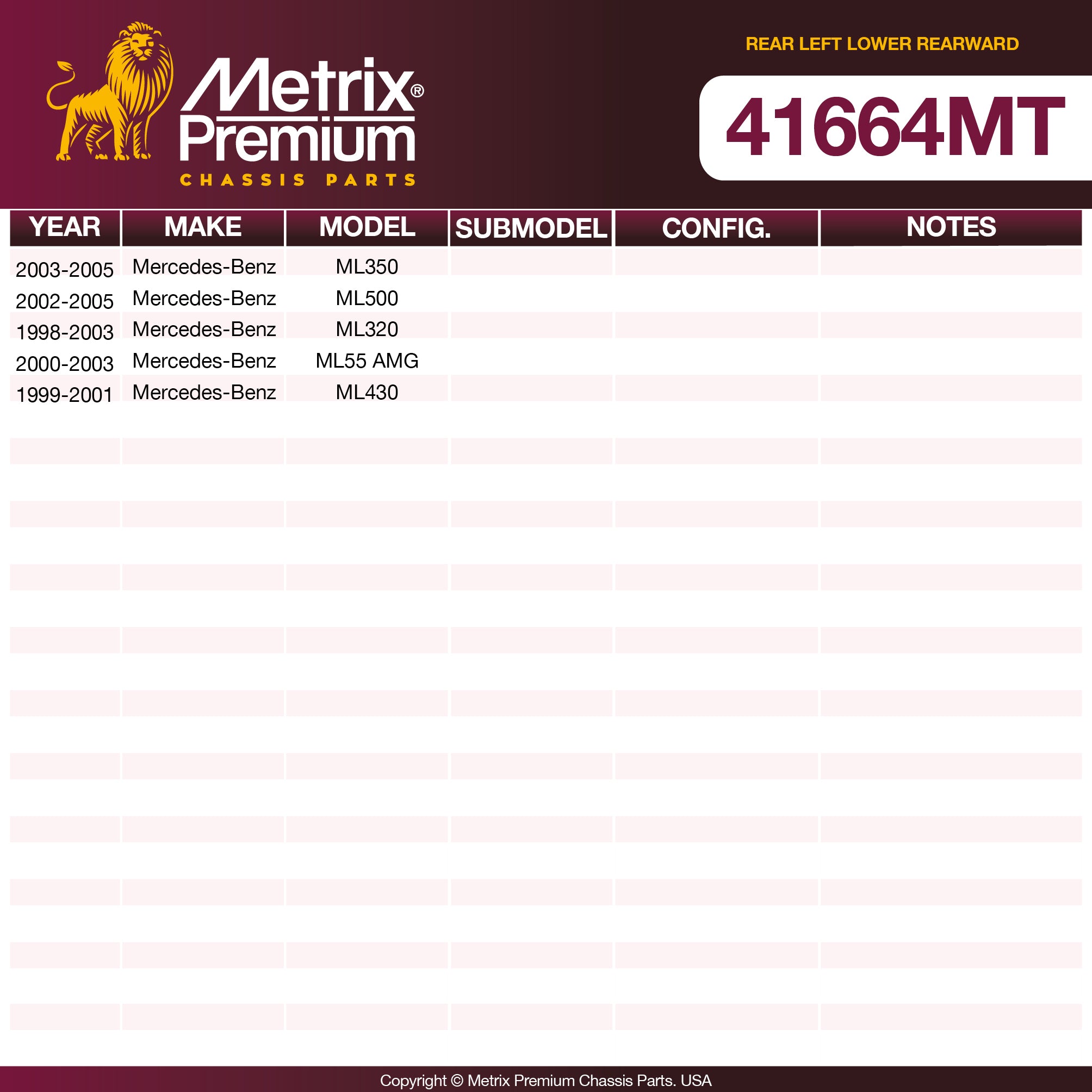 Metrix Premium Chassis Parts Rear Left Lower Rearward Control Arm And Ball Joint Assembly 41664MT aftermarket car parts
