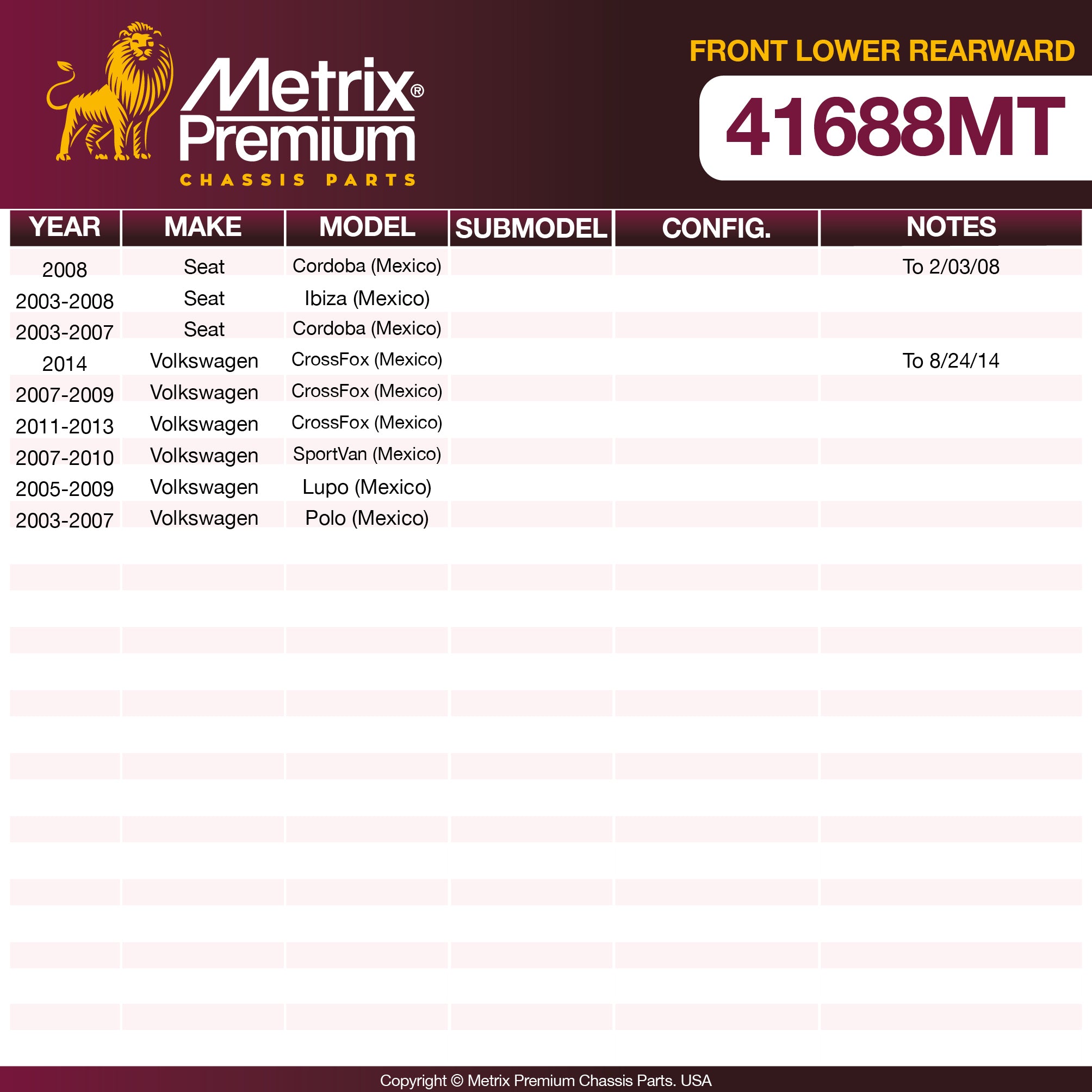 Metrix Premium Chassis Parts Front Lower Rearward Control Arm Bushing 41688MT OEM fit auto parts