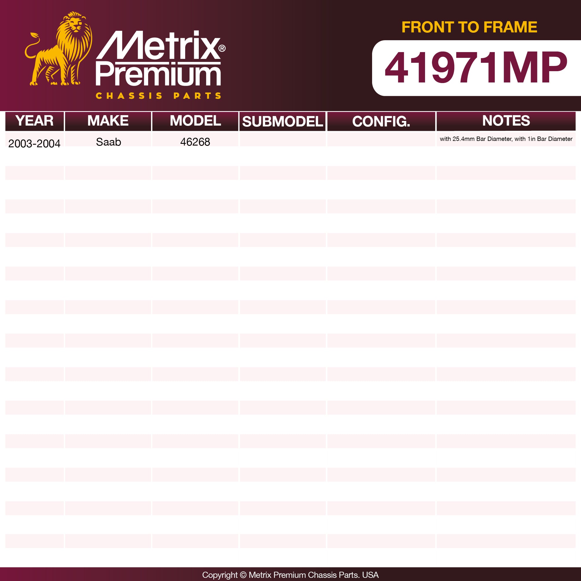 Metrix Premium Chassis Parts Front To Frame Stabilizer Bar Bushing Kit 41971MP OEM fit auto parts