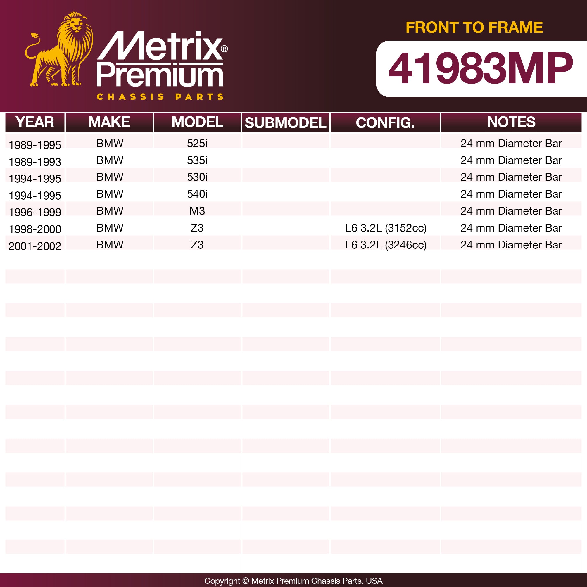 Metrix Premium Chassis Parts Front To Frame Stabilizer Bar Bushing Kit 41983MP OEM fit auto parts