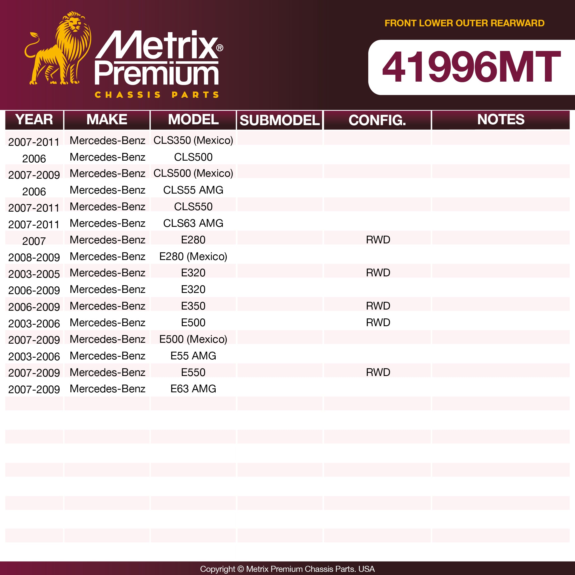 Metrix Premium Chassis Parts Front Lower Outer Rearward Control Arm Bushing 41996MT aftermarket car parts