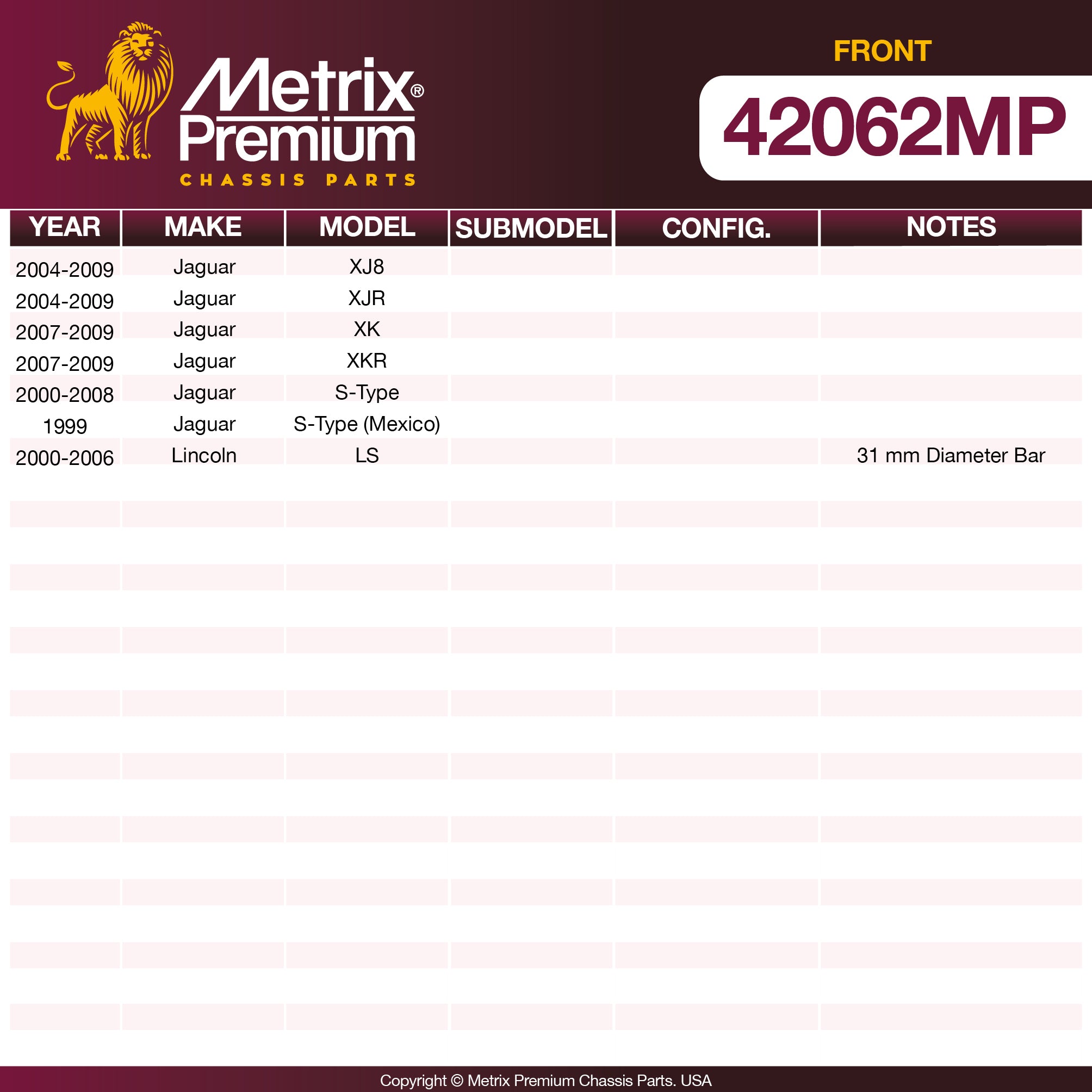 Metrix Premium Chassis Parts Front Stabilizer Bar Bushing Kit 42062MP aftermarket car parts
