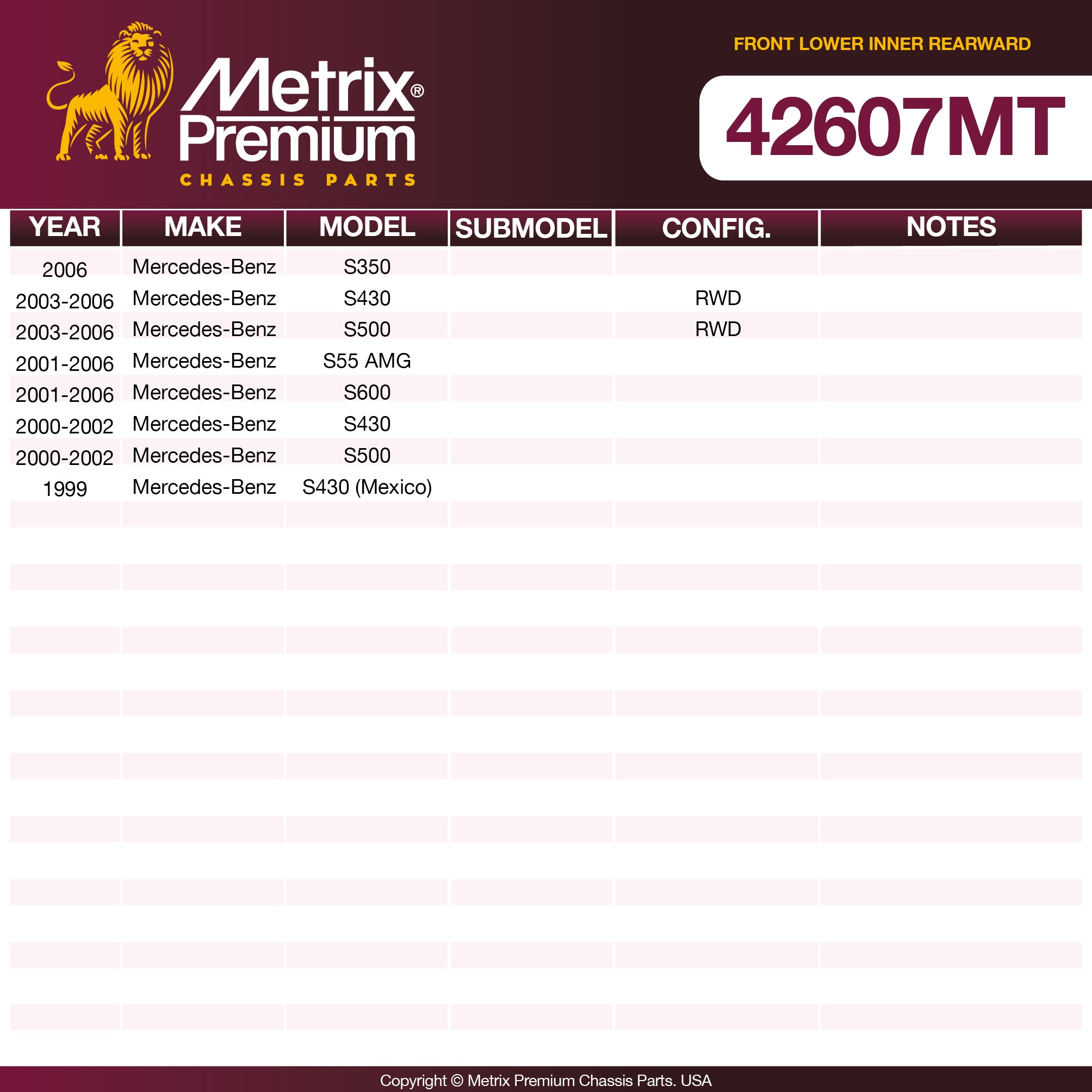 Metrix Premium Chassis Parts Front Lower Inner Rearward Control Arm Bushing 42607MT OEM fit auto parts