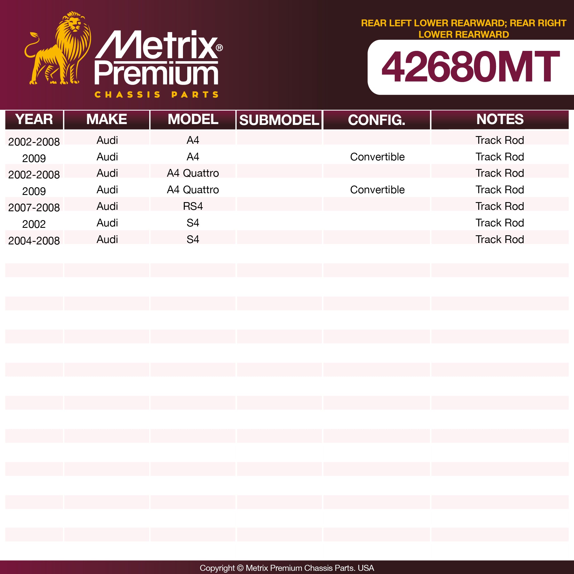 Metrix Premium Chassis Parts Rear Left Lower Rearward; Rear Right Lower Rearward Control Arm 42680MT aftermarket car parts