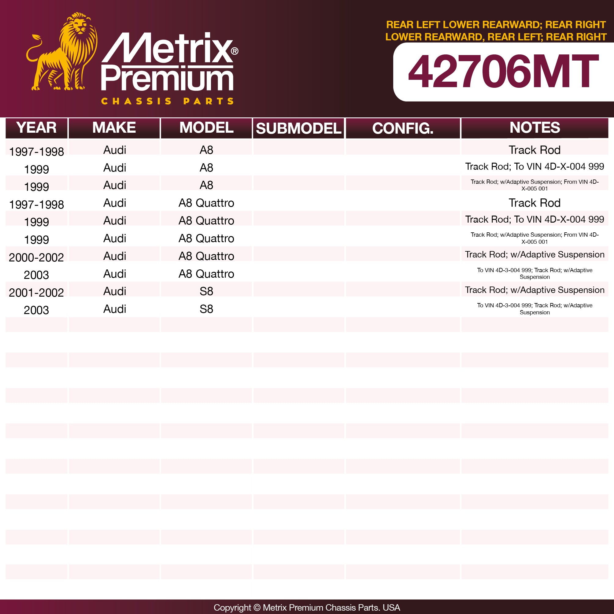 Metrix Premium Chassis Parts Rear Left Lower Rearward; Rear Right Lower Rearward Control Arm 42706MT aftermarket car parts