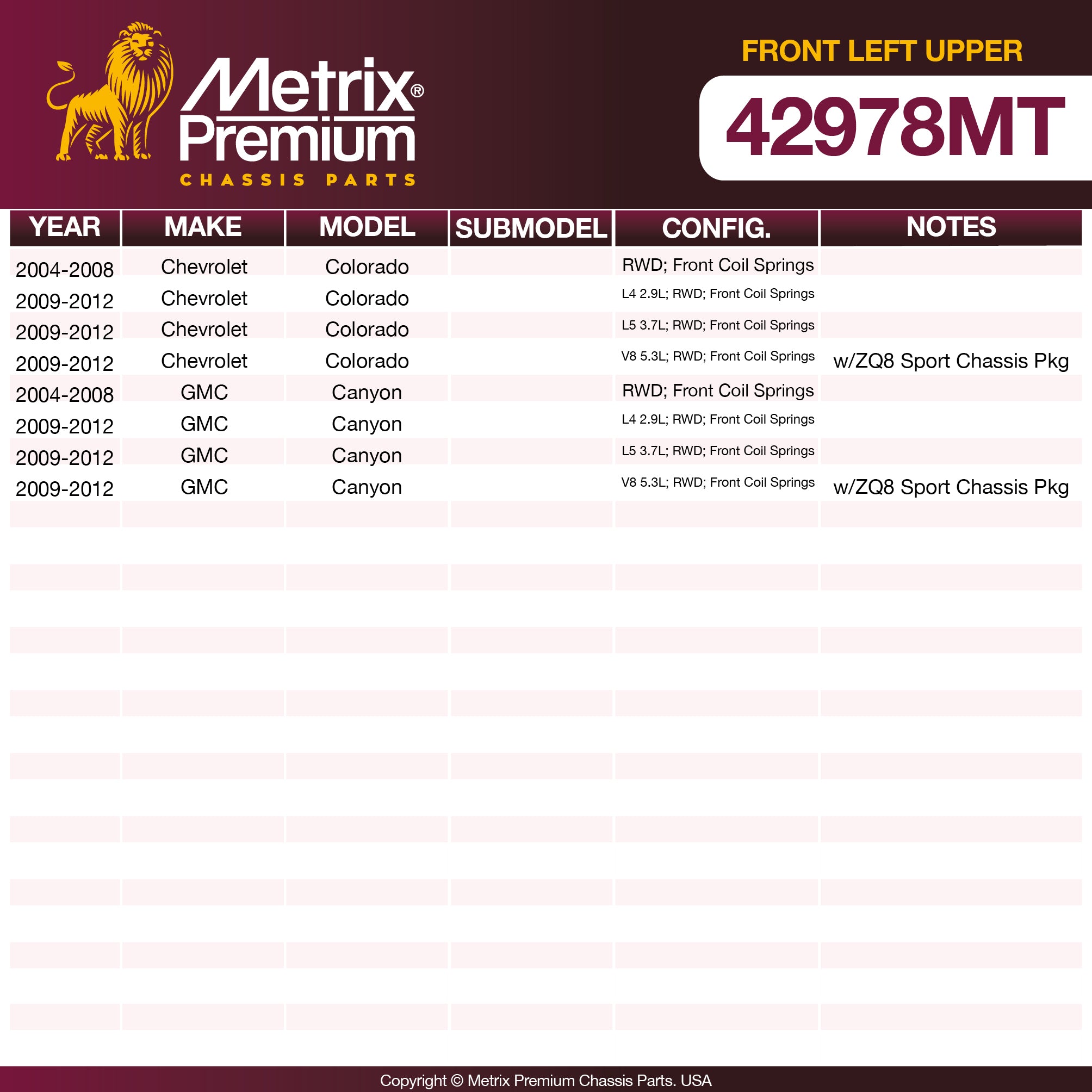 Metrix Premium Front Left Upper Control Arm and Ball Joint Assembly 42978MT OEM fit spare parts