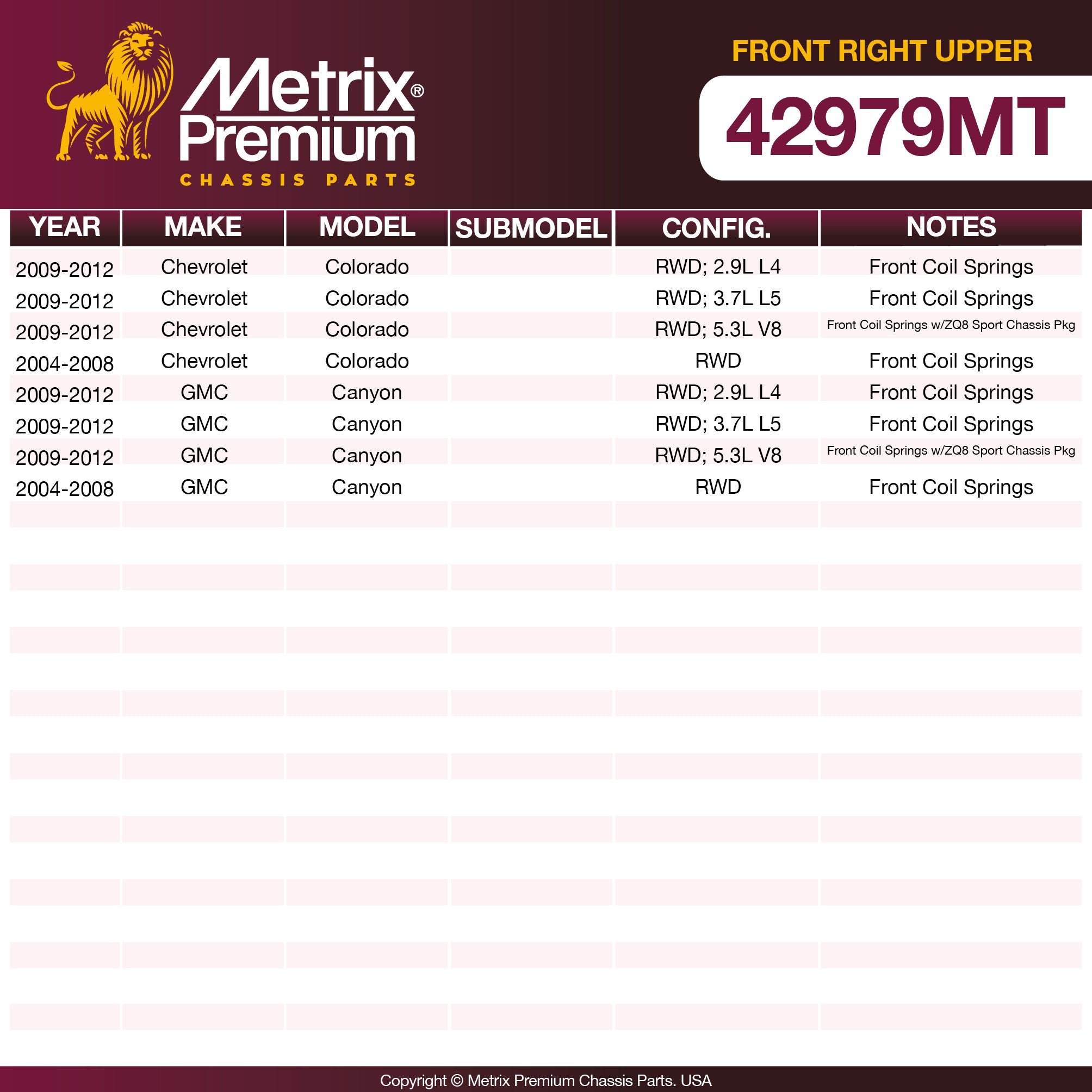 Metrix Premium Chassis Parts Front Right Upper Control Arm and Ball Joint Assembly 42979MT OEM fit auto parts