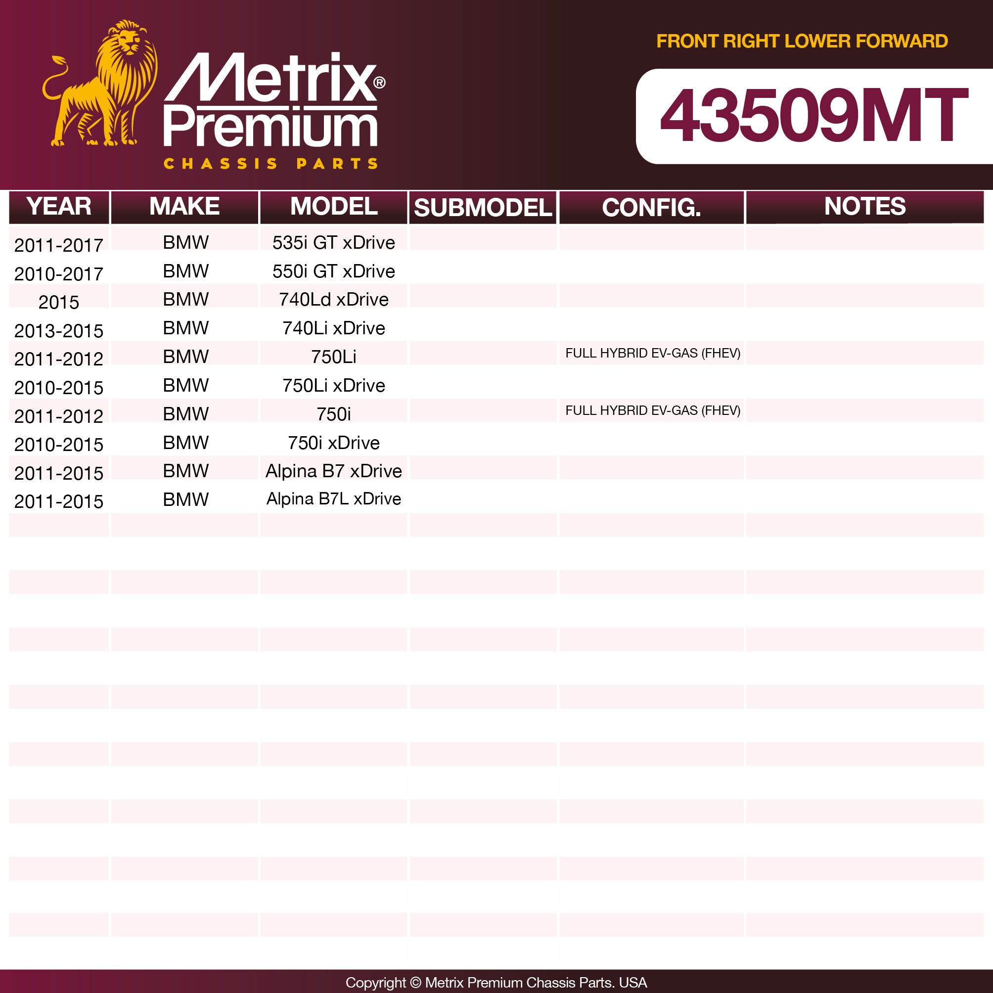 Metrix Premium Front Right Lower Forward Control Arm and Ball Joint Assembly 43509MT OEM fit spare parts