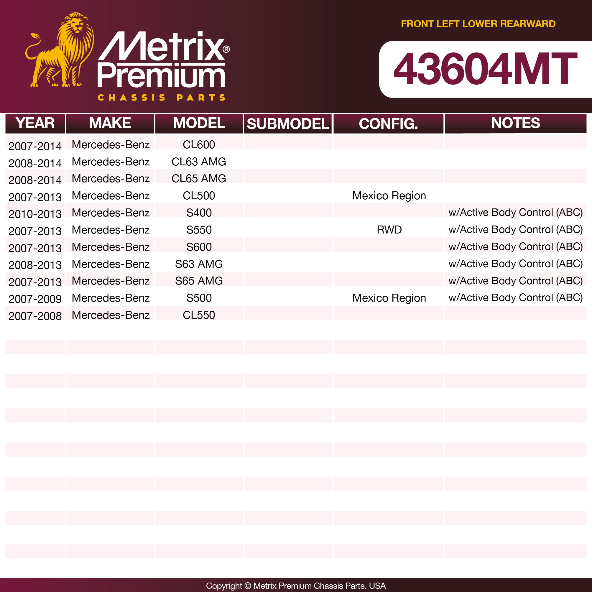 Metrix Premium Chassis Parts Front Left Lower Rearward Control Arm And Ball Joint Assembly 43604MT aftermarket car parts