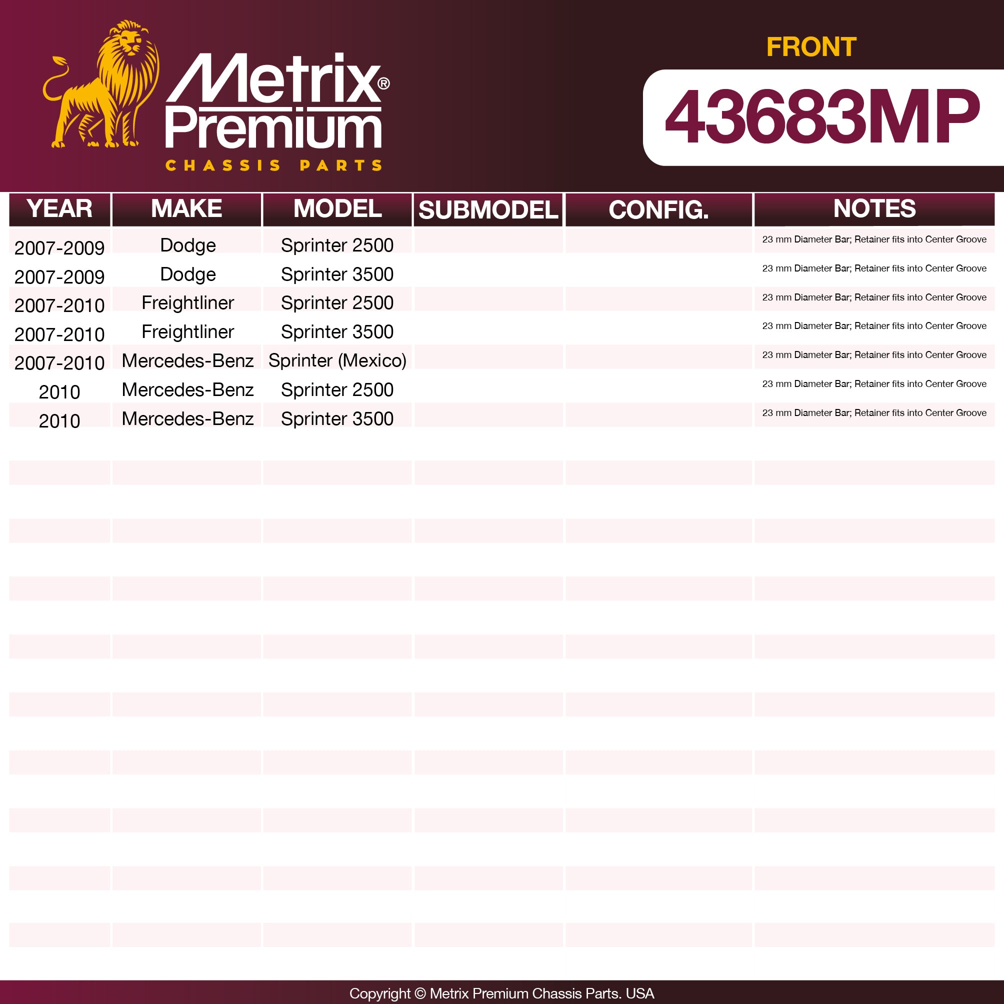 Metrix Premium Chassis Parts Front Stabilizer Bar Bushing Kit 43683MP OEM fit auto parts