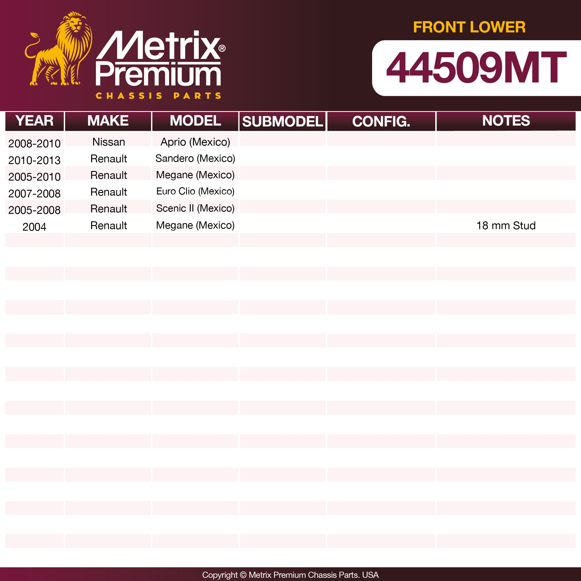 Metrix Premium Chassis Parts Front Lower Ball Joint 44509MT OEM fit auto parts