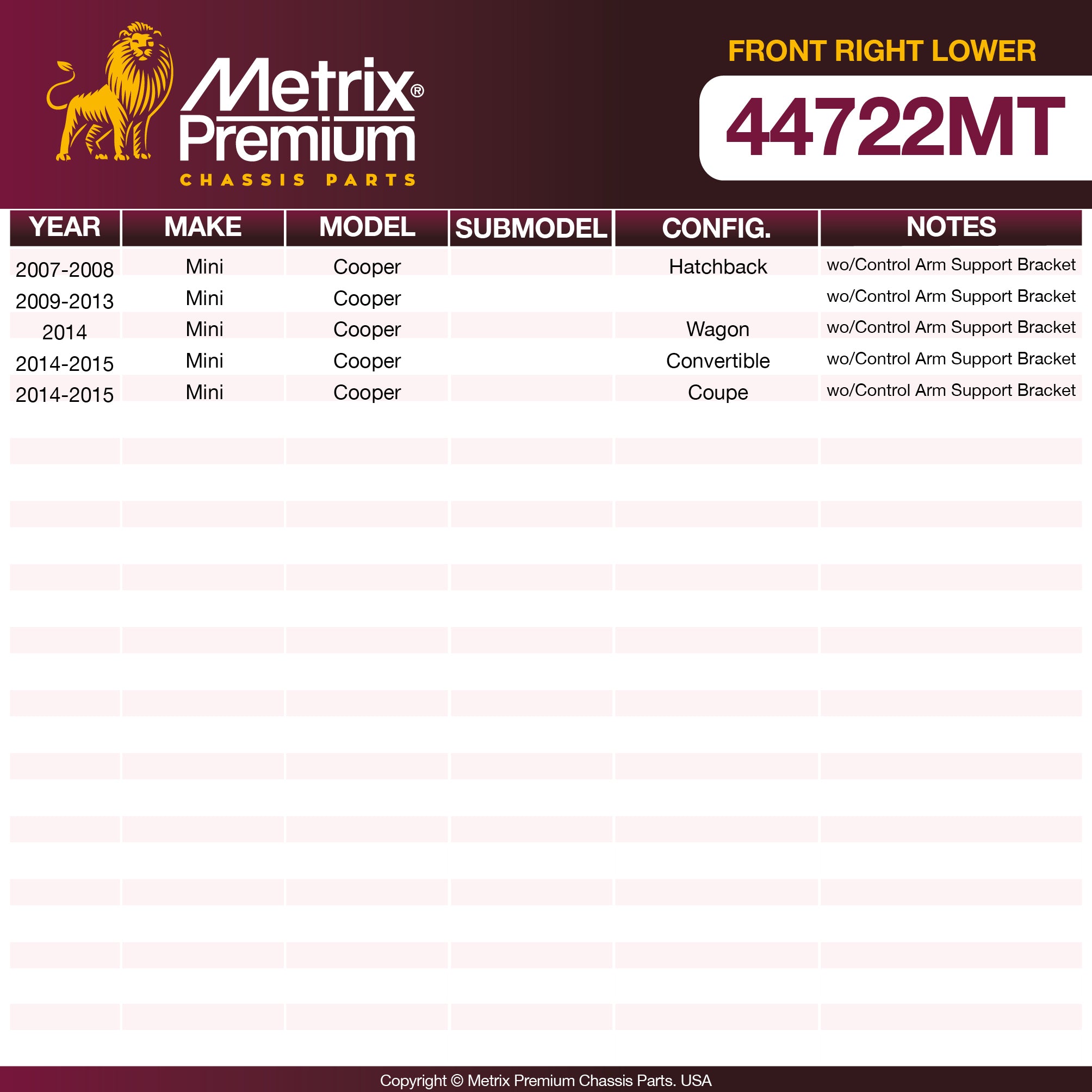 Metrix Premium Front Right Lower Control Arm and Ball Joint Assembly 44722MT OEM fit spare parts