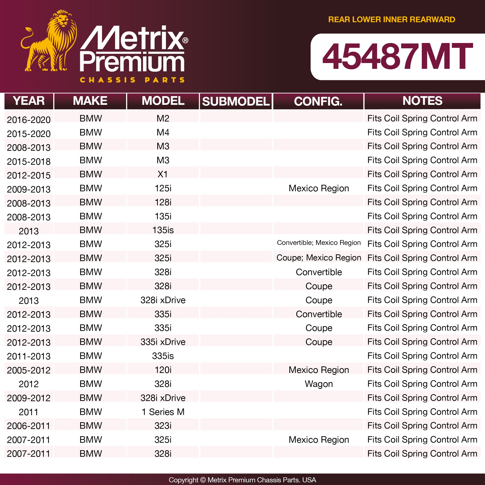 Metrix Premium Chassis Parts Rear Lower Inner Rearward Control Arm Bushing 45487MT aftermarket car parts