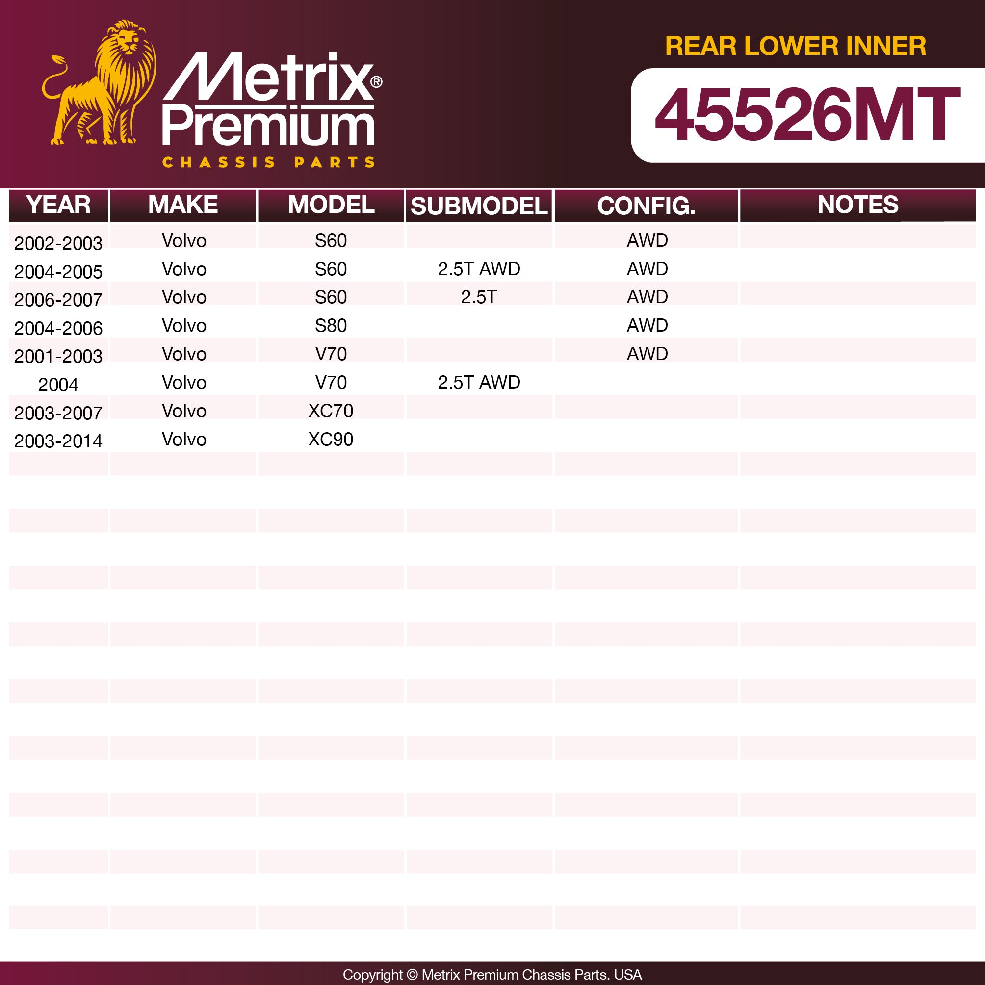 Metrix Premium Chassis Parts Rear Lower Inner Control Arm Bushing 45526MT aftermarket car parts