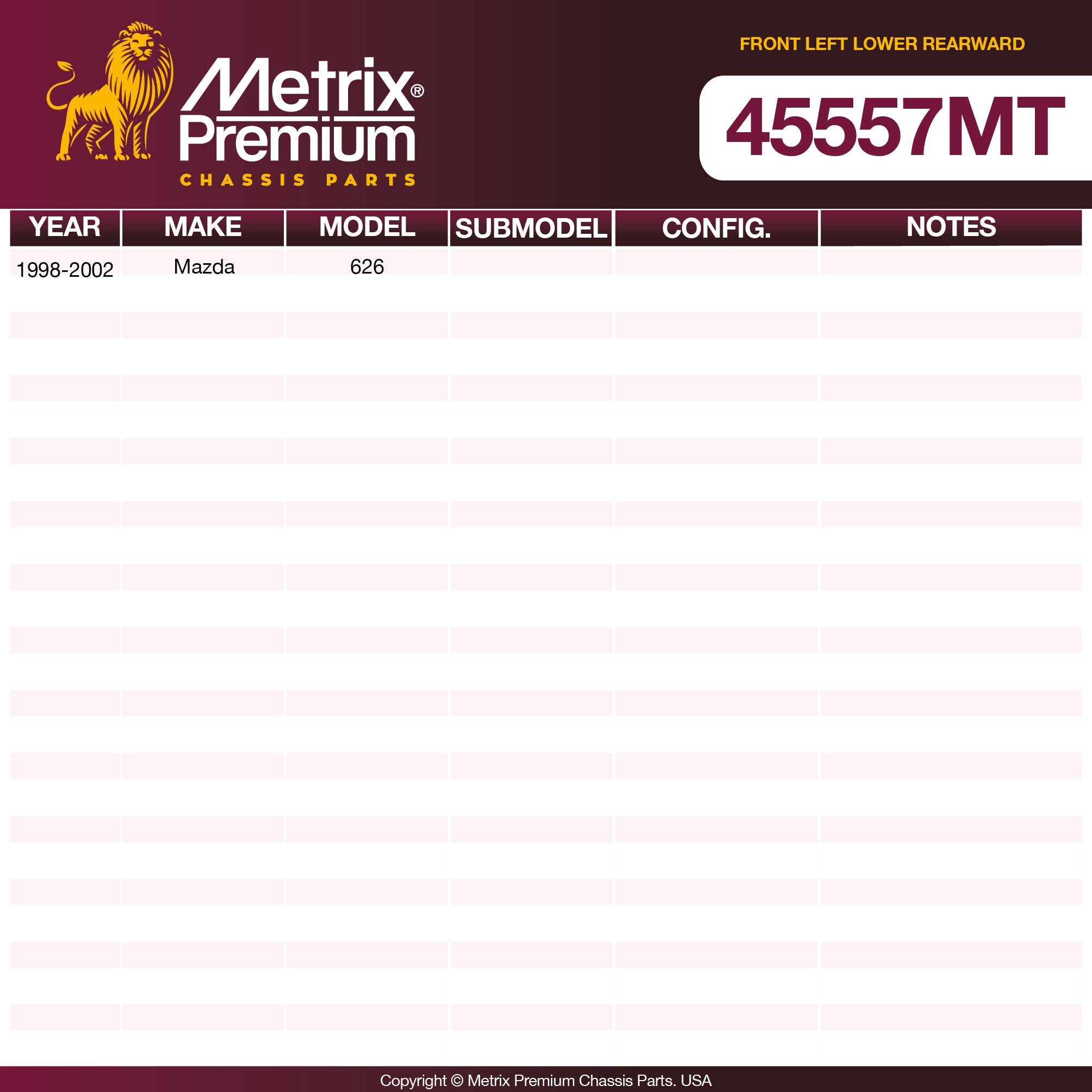 Metrix Premium Chassis Parts Front Left Lower Rearward Axle Support Bushing 45557MT aftermarket car parts